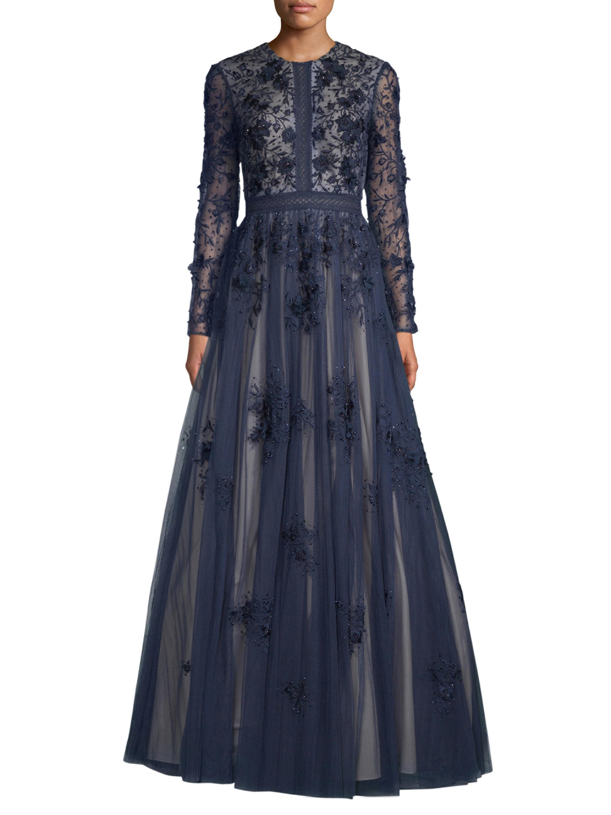 Long-sleeve Floral A-line Gown in Navy ...