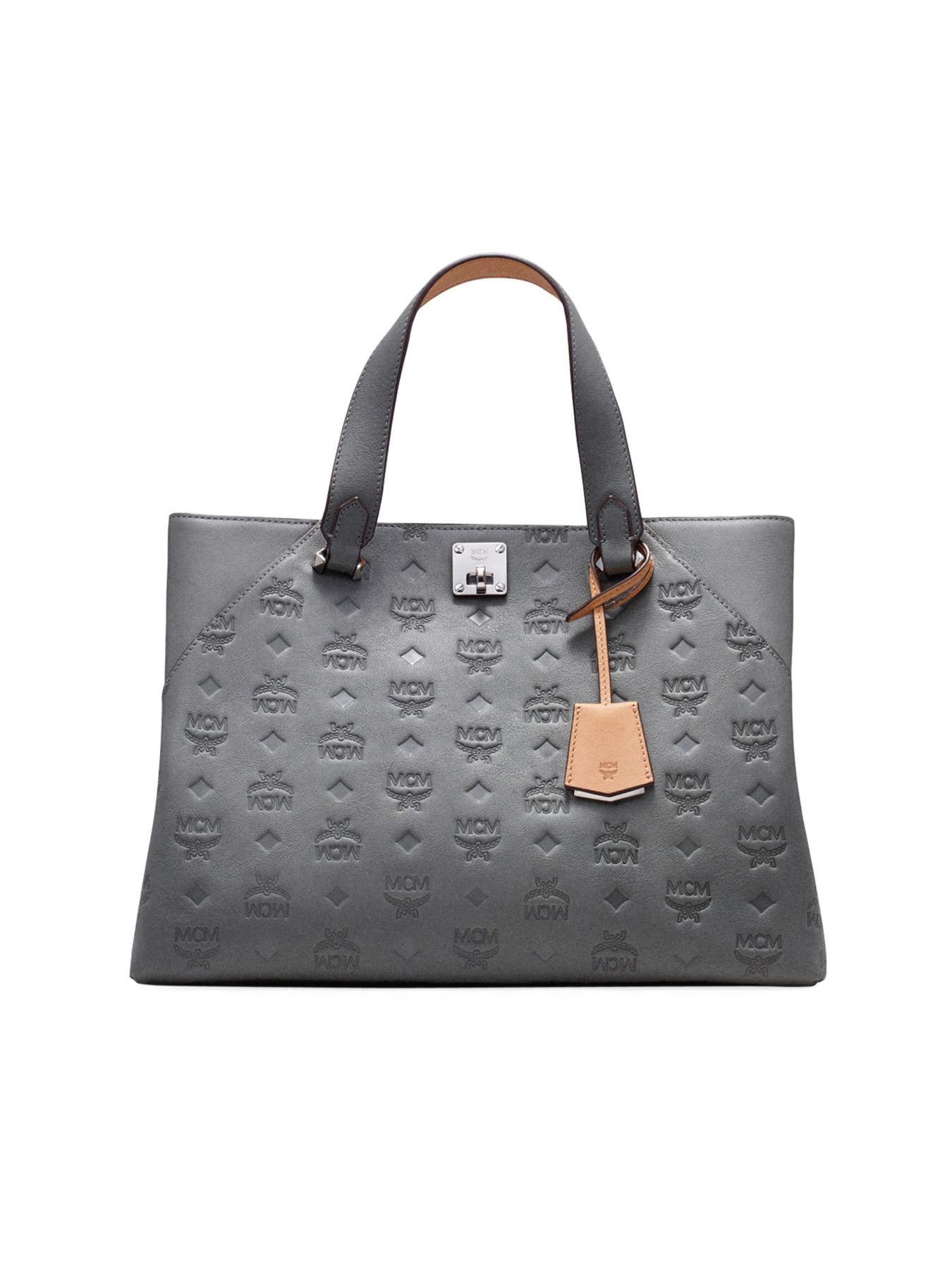 MCM Essential Tote Bag In Monogram Leather in Charcoal (Gray) - Lyst