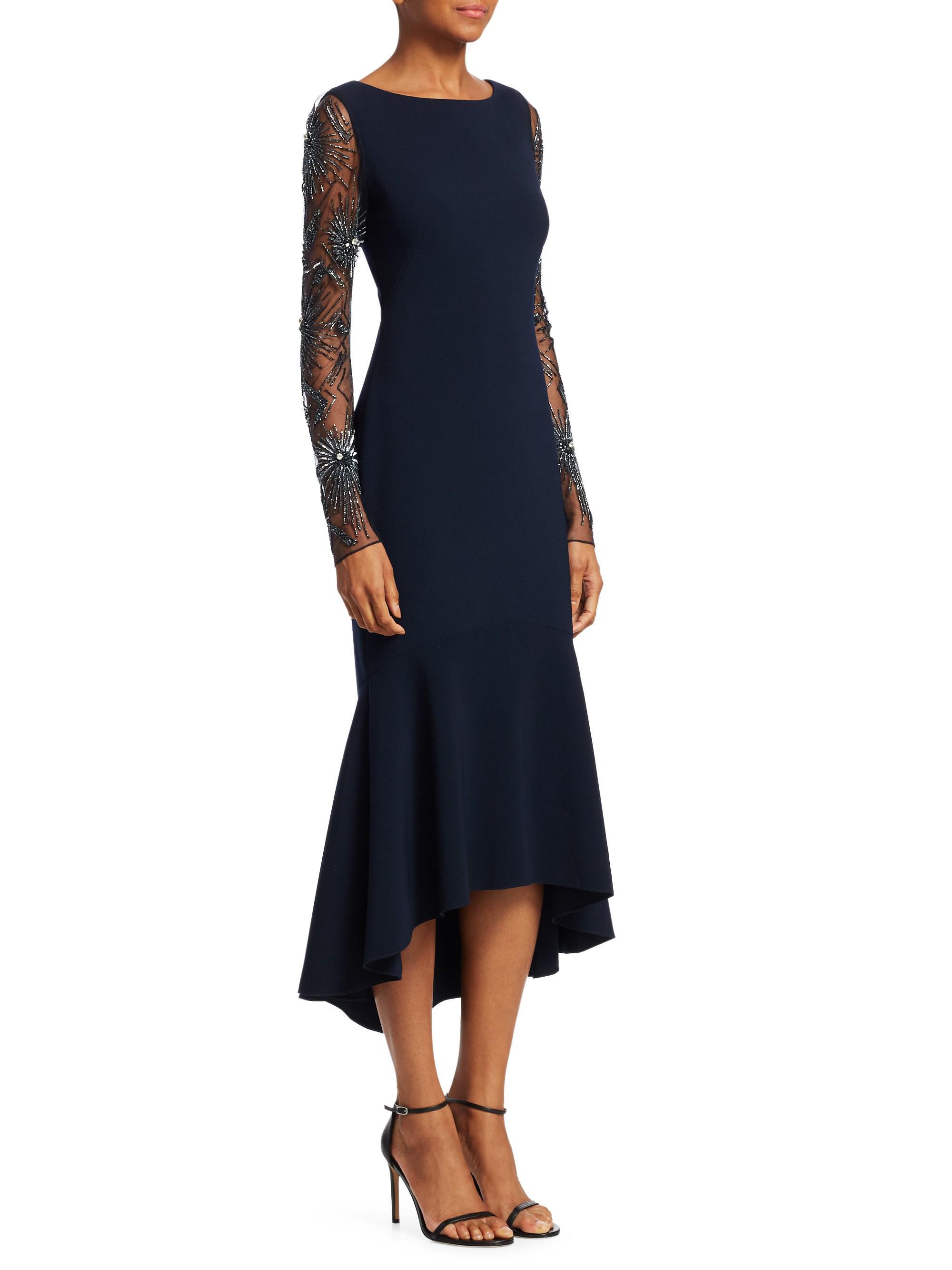 THEIA Beaded Flounce Hem Midi Dress in Blue Lyst
