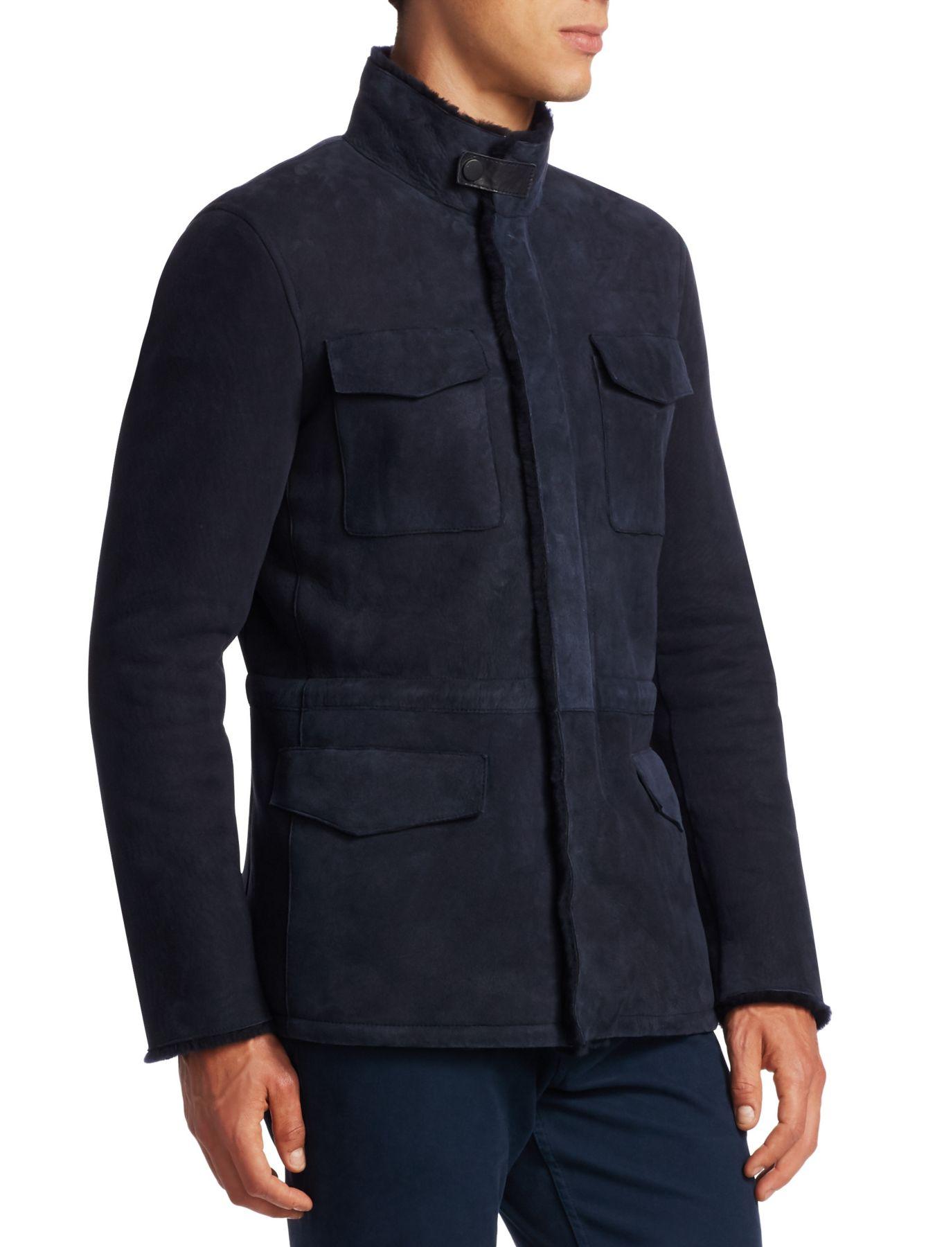 Armani Hooded Shearling & Suede Field Jacket in Blue for Men Lyst