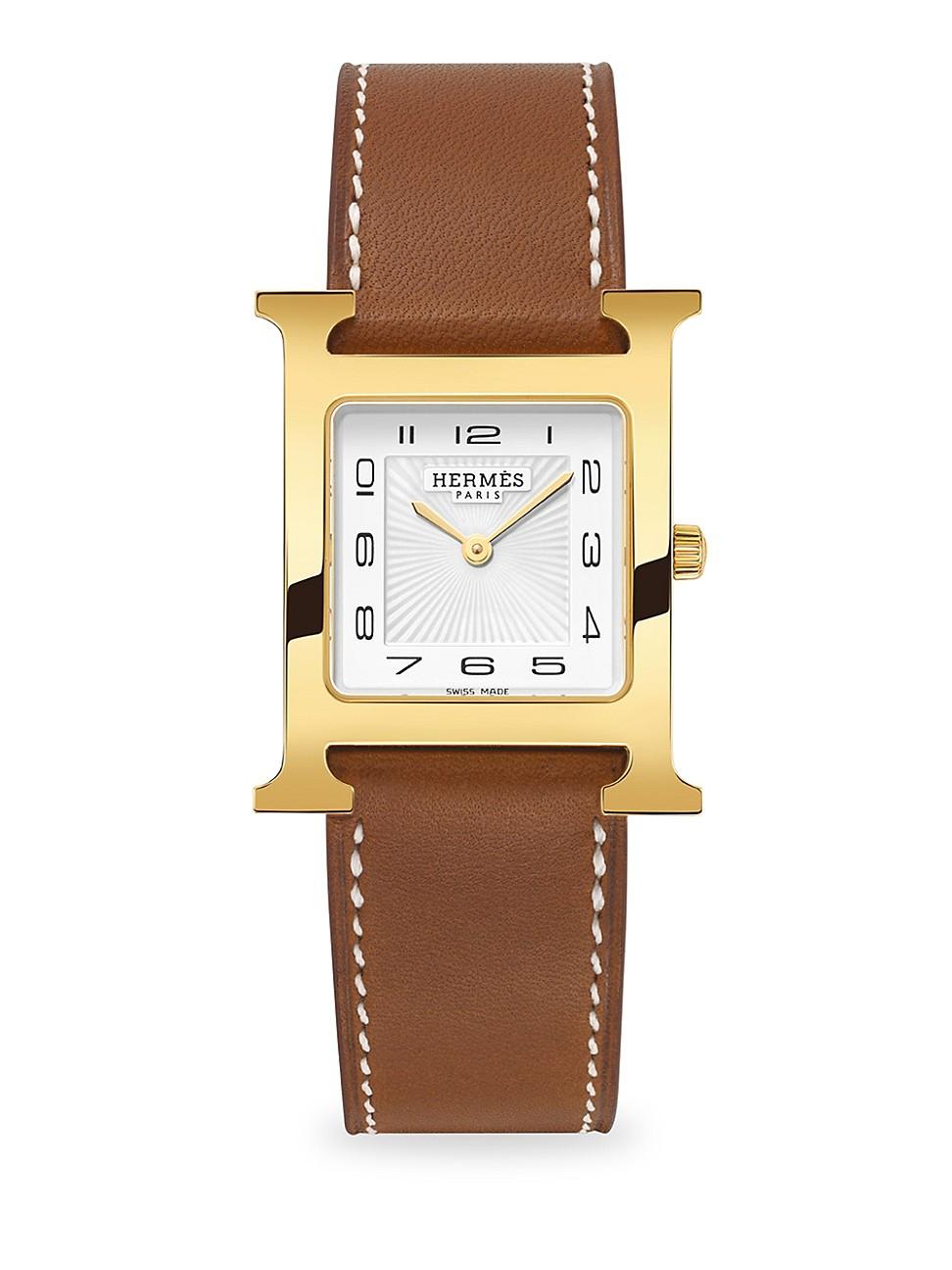 Hermès Brown Heure H Stainless Steel, Diamond & Leather Strap Watch