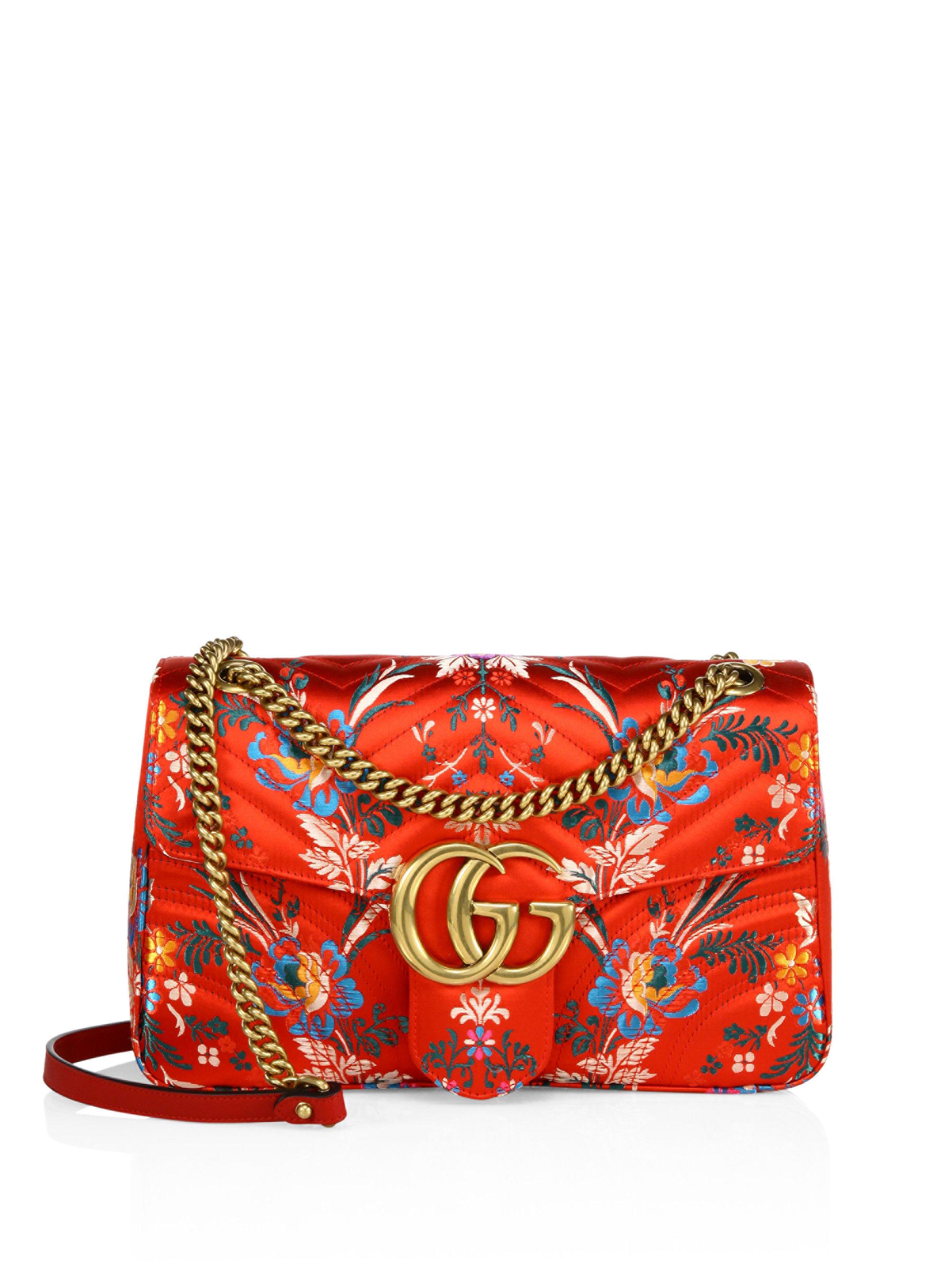 Gucci Suede Small Gg Marmont Matelasse Floral Jacquard Chain 