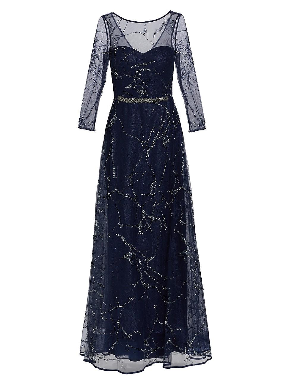 Teri Jon Semi-sheer Sequin & Bead-embroidered Gown in Blue | Lyst