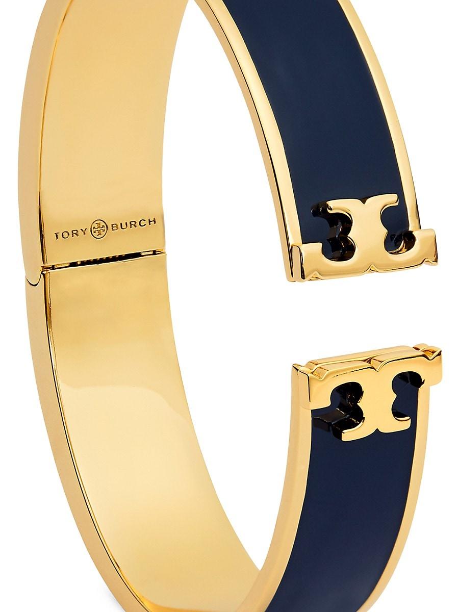 Tory Burch Kira Logo Enamel Hinged Cuff Bracelet in Gold/Navy 