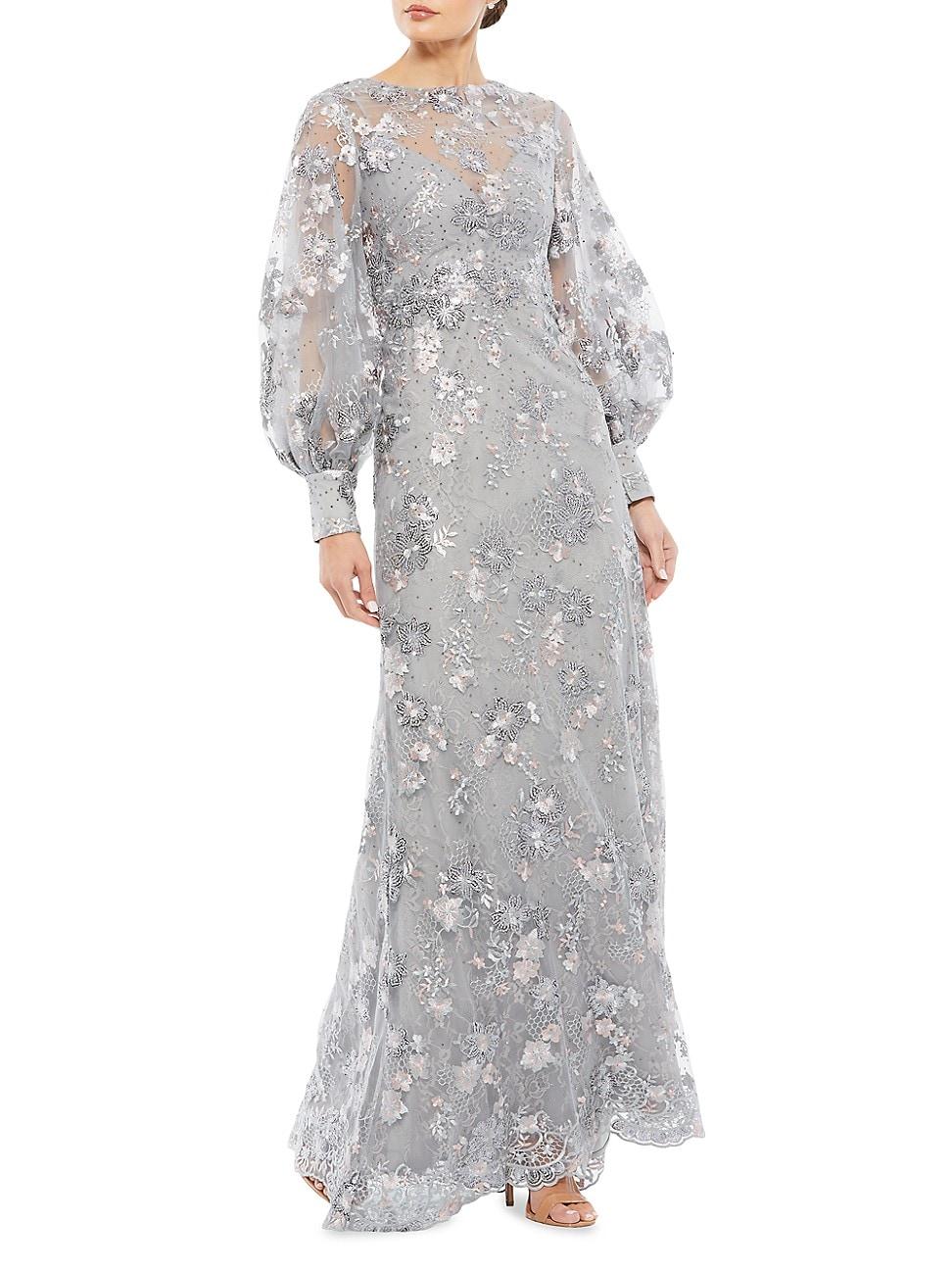 Mac Duggal Embellished Illusion High-neck Bishop-sleeve Gown in Gray | Lyst