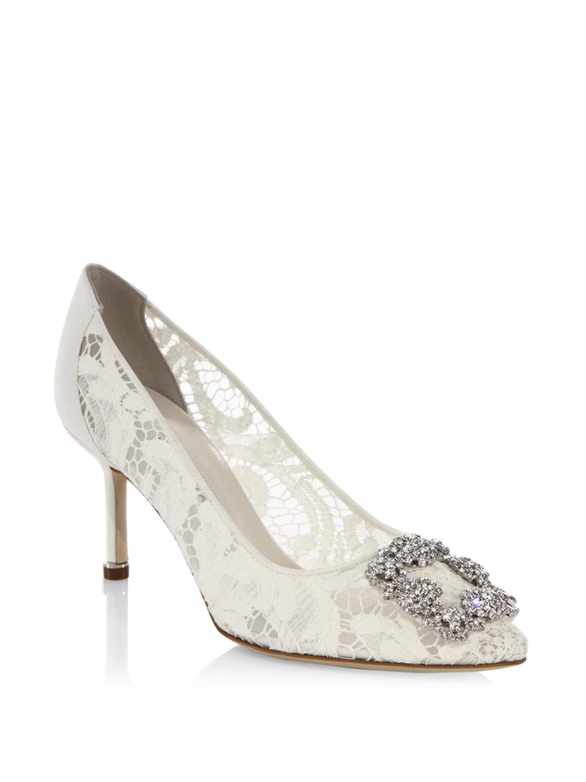 Manolo Hangisi Brooch Lace Pump in White Lyst