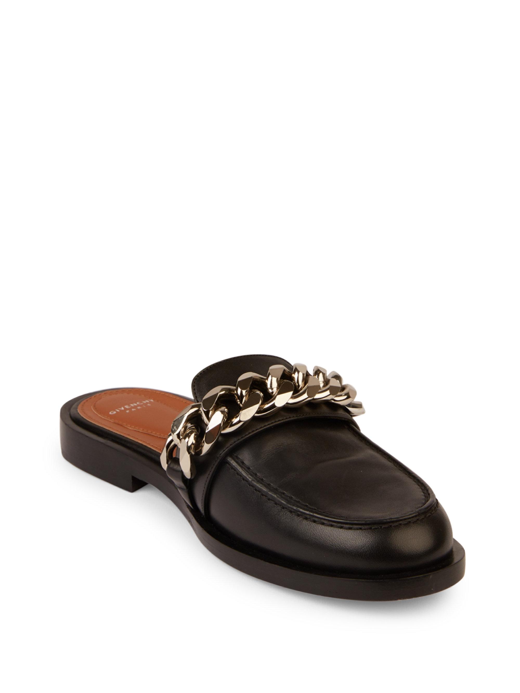 black leather loafer slides