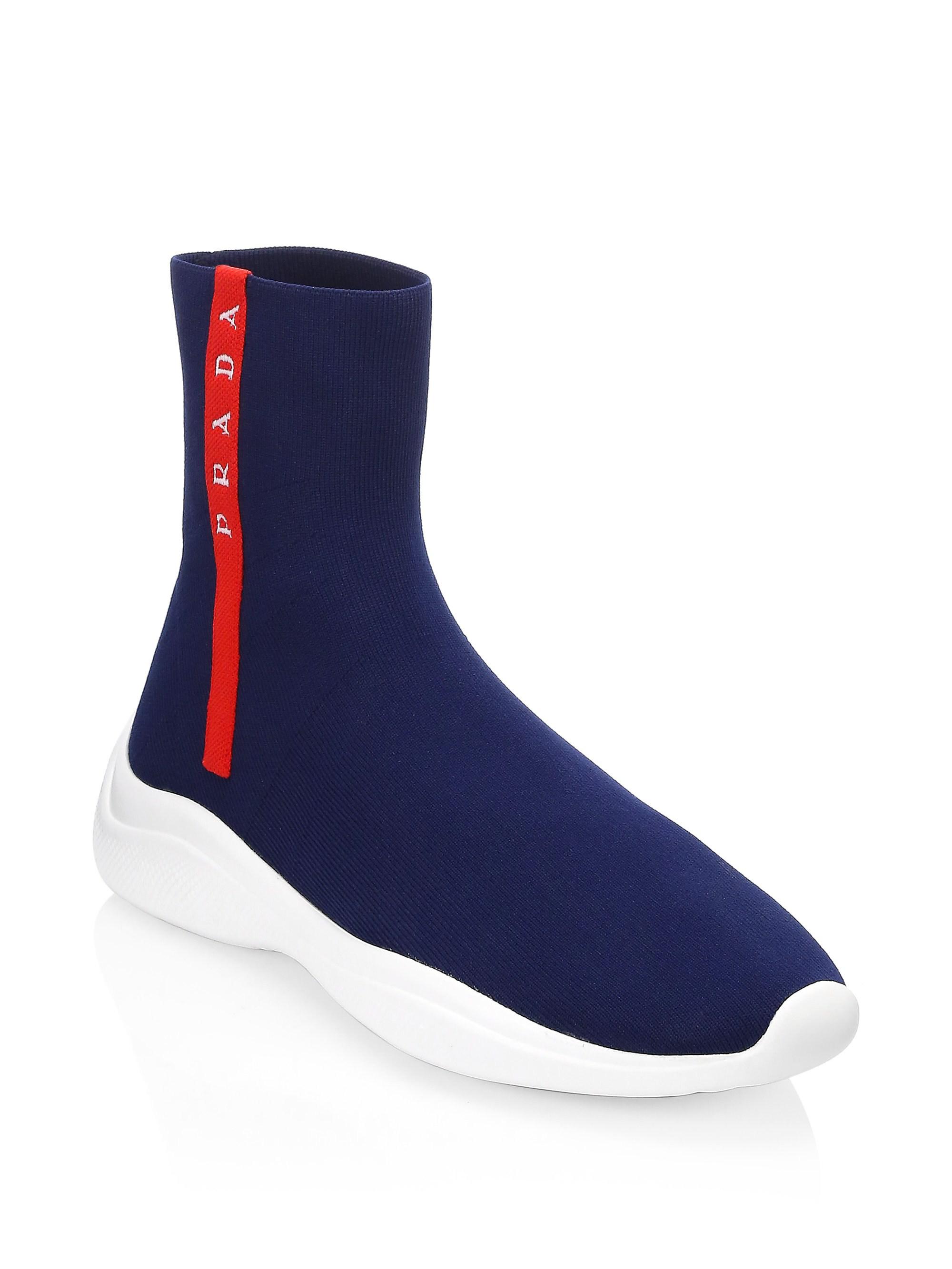 Prada Rubber Logo Sock Sneakers in Navy 