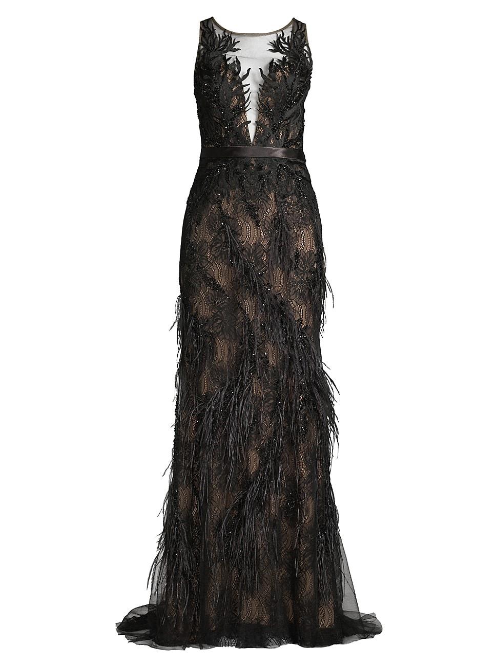 Basix Black Label Lace & Feather Trim Column Dress in Black - Lyst