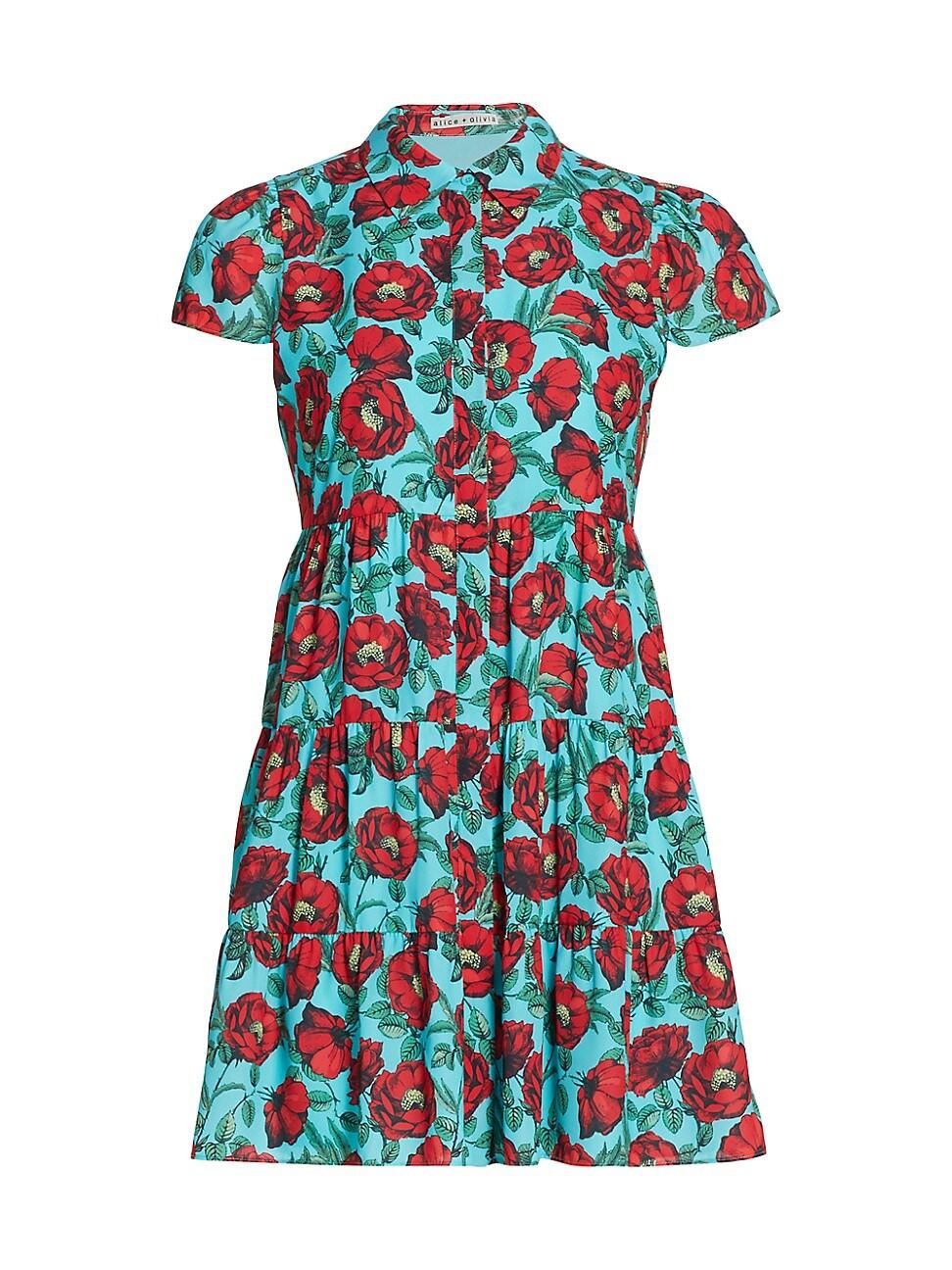 Alice + Olivia Meeko Tiered Floral Shirtdress in Blue | Lyst