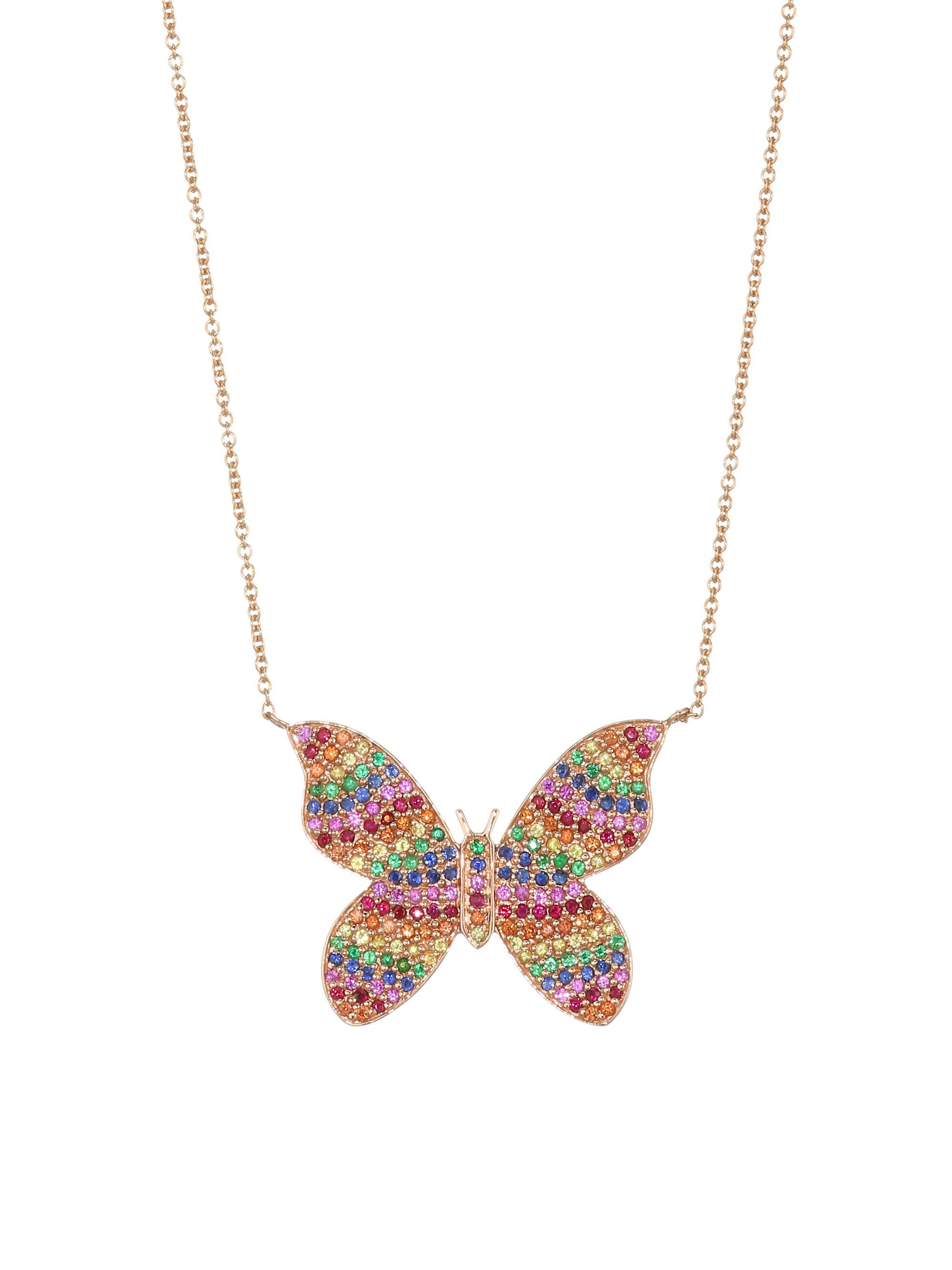 Sydney Evan Large 14k Yellow Gold & Rainbow Diamond Butterfly Pendant ...