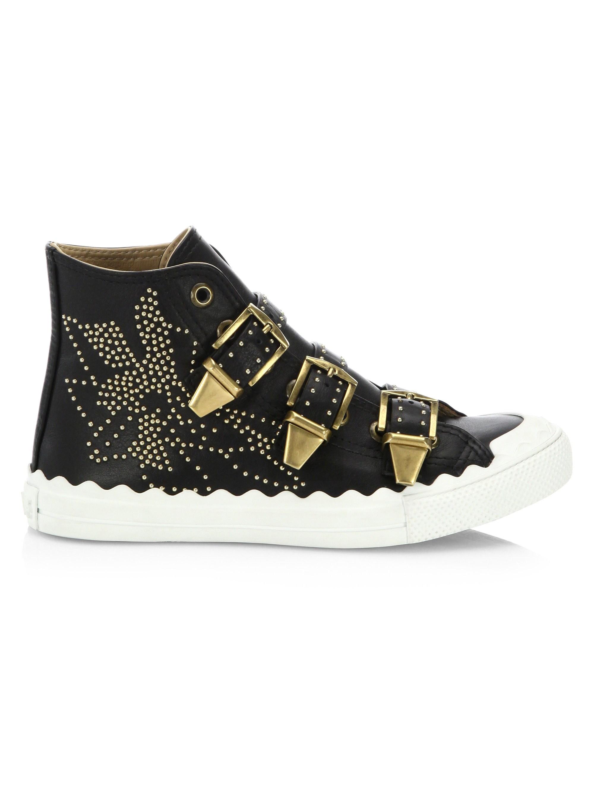 Chloé Sneakers Susanna High Leather Black Rivets Gold Floral | Lyst