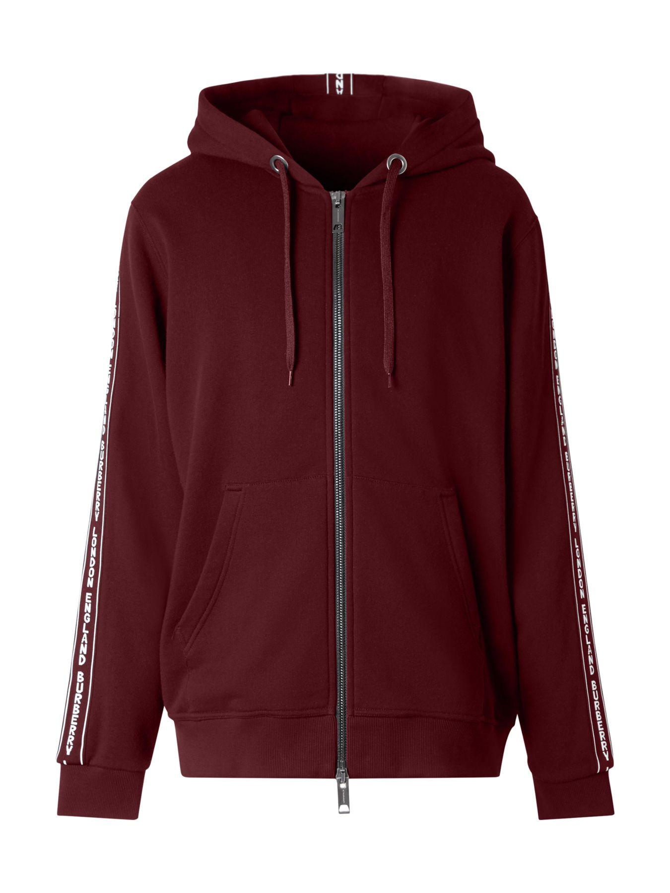 Burberry Fleece Logo Trimmed Zip-front Hoodie in Deep Merlot (Red) for Men - Lyst