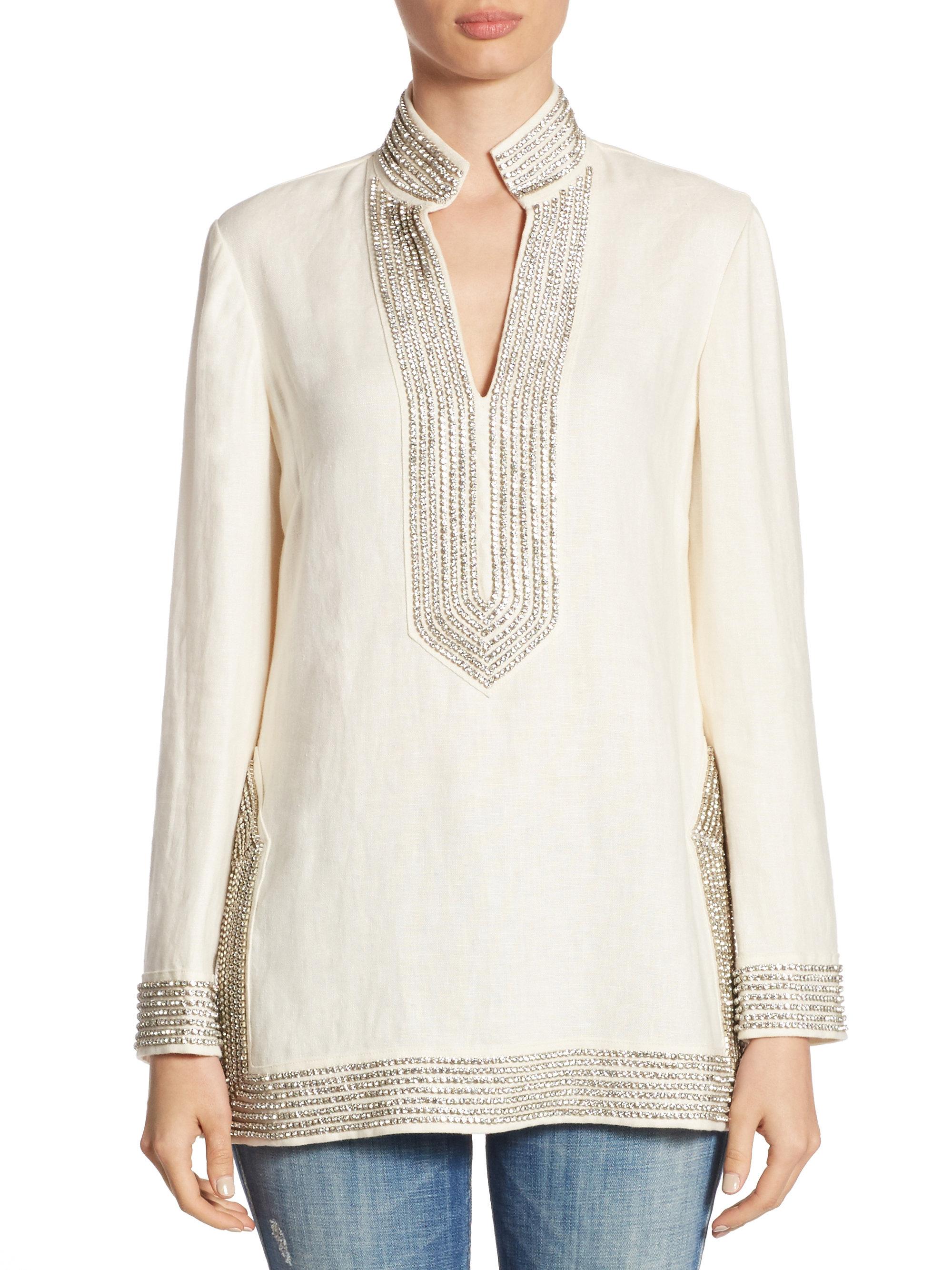 Tory Burch Crystal-embellished Linen Tunic in White | Lyst