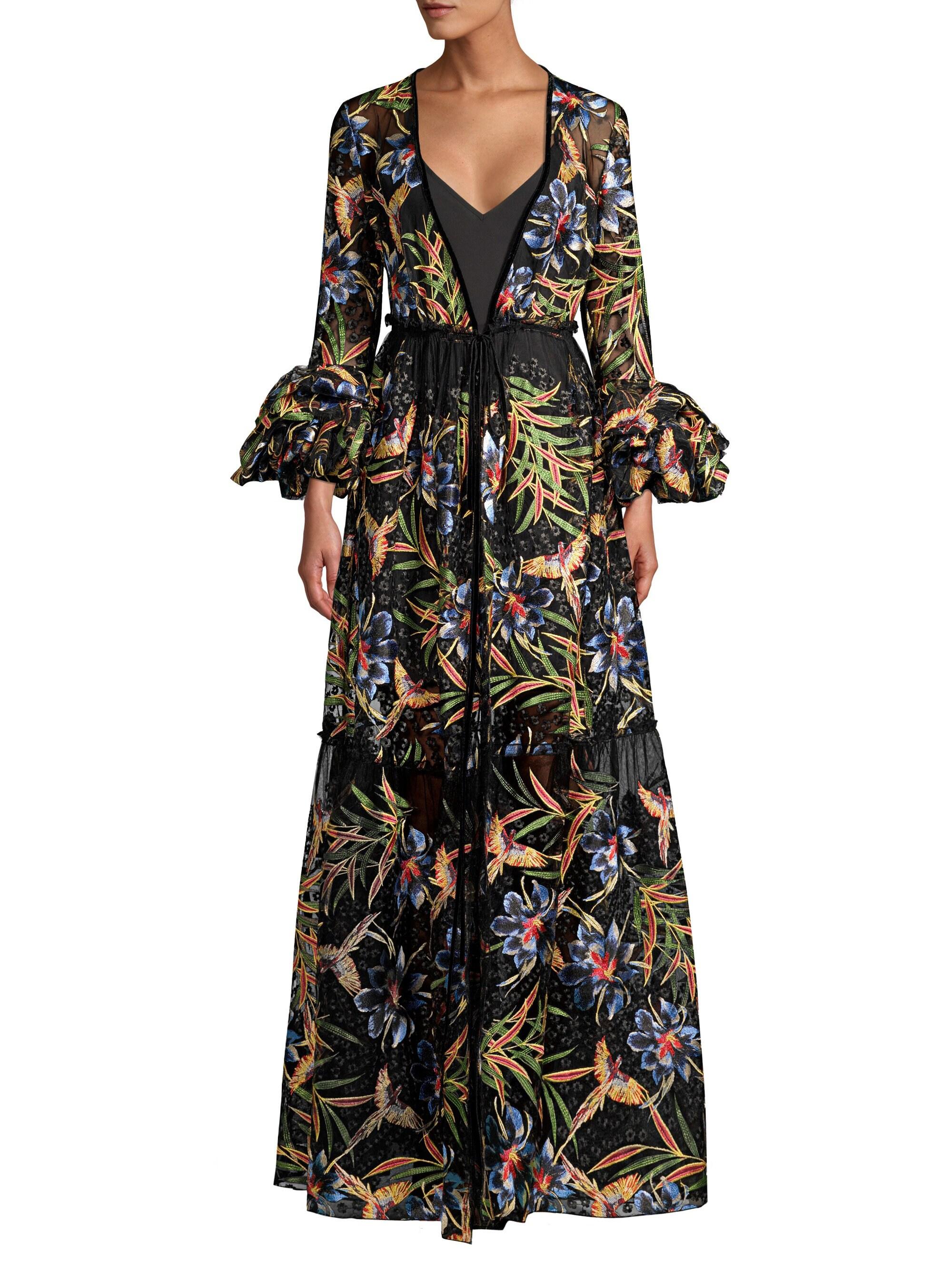 Diane von Furstenberg Puff Sleeves Tropical Maxi Dress in Black | Lyst