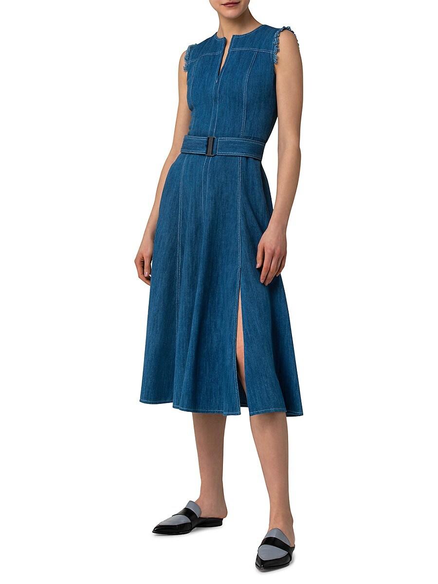 blue belted midi denim dress