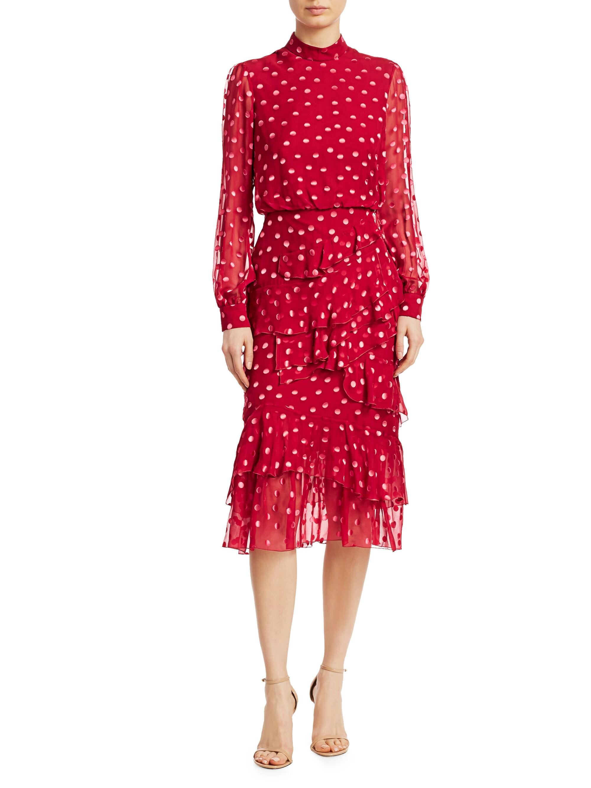 Saloni Isa Polka Dot Ruffled Midi Dress in Red - Lyst