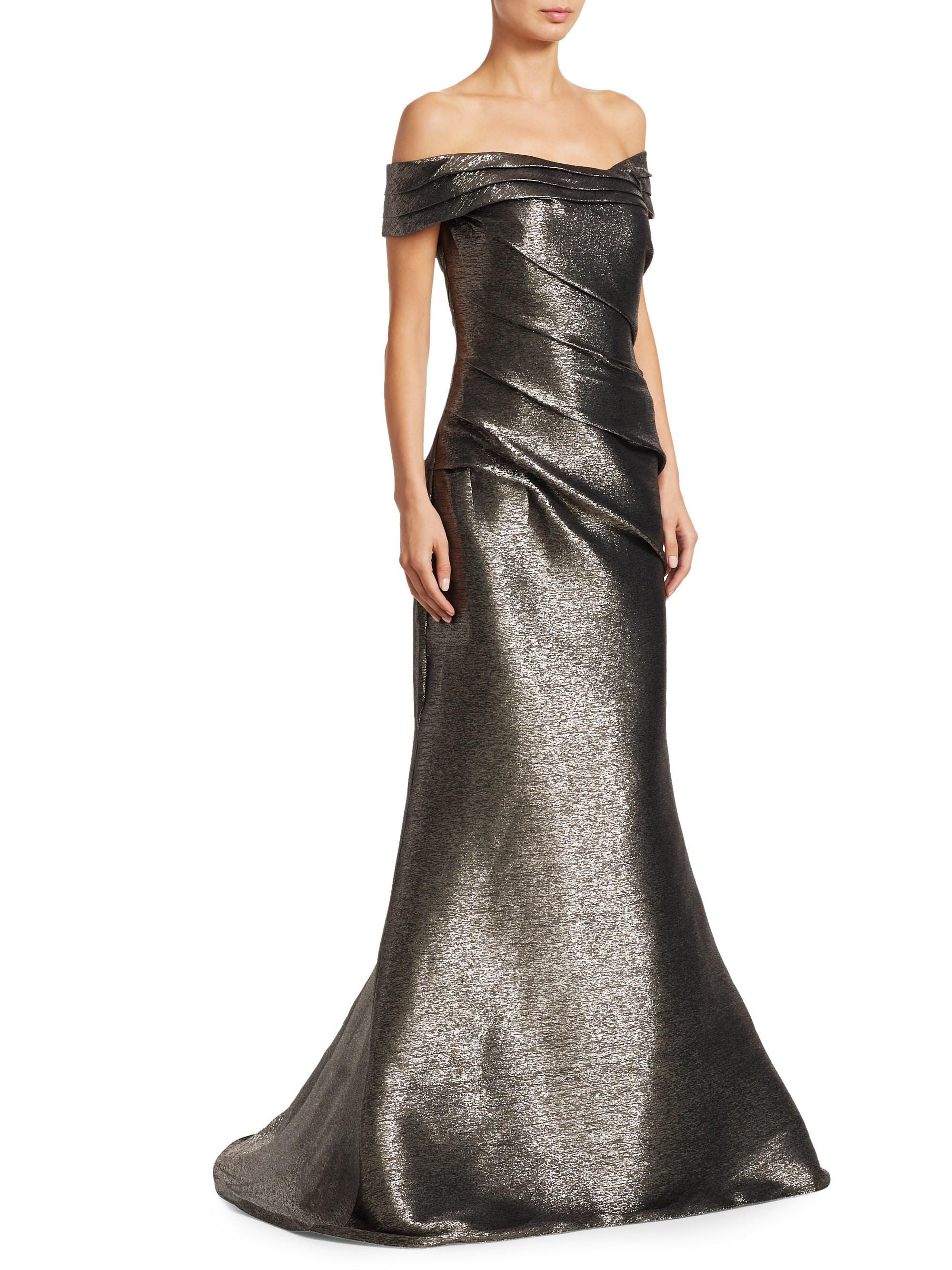 Rene Ruiz Silk Women's Off-the-shoulder Metallic Gown - Pewter - Lyst