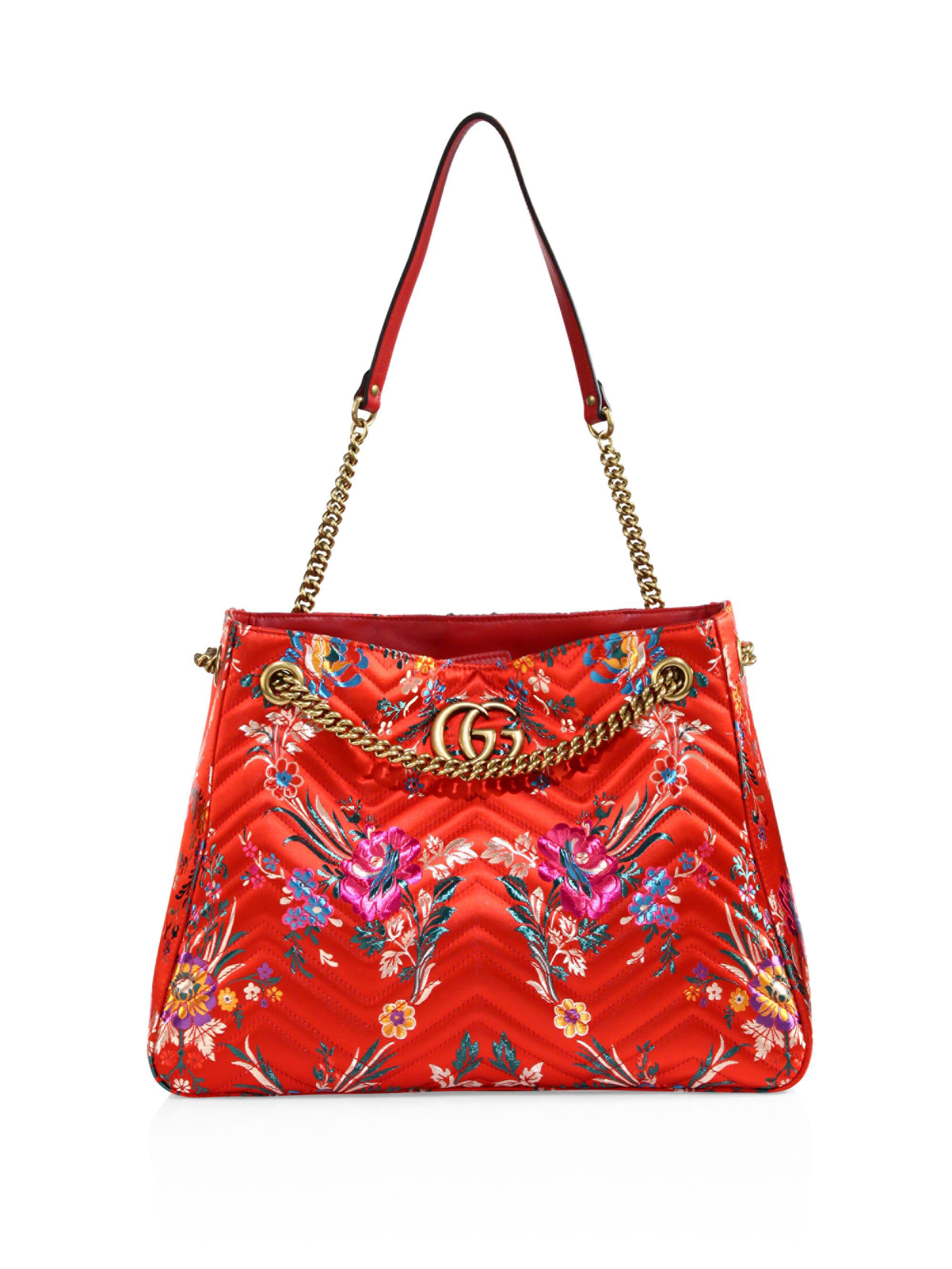 Gucci Medium GG Marmont Matelassé Floral Jacquard Chain Shoulder Bag in Red - Lyst
