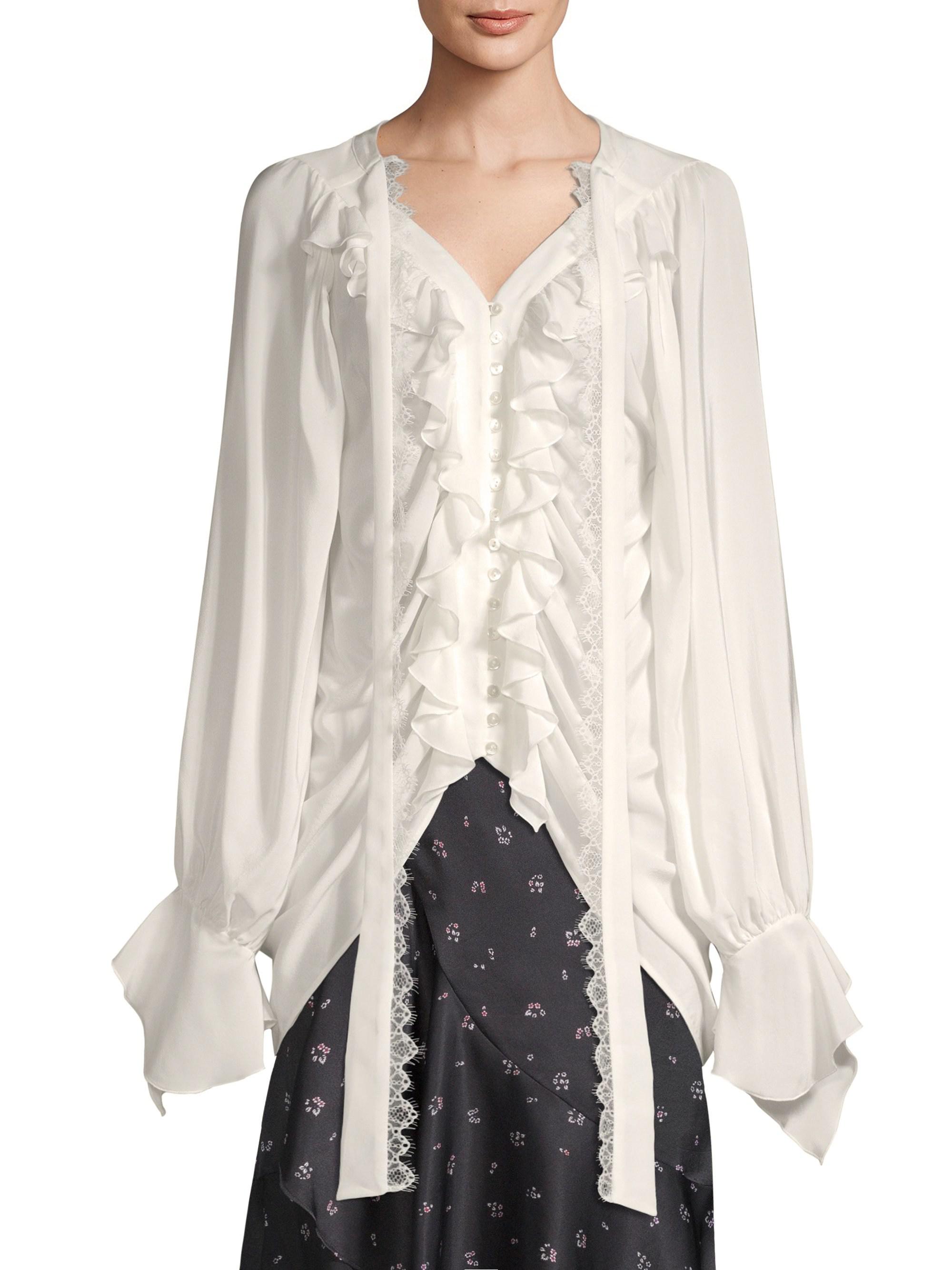 white silk ruffle blouse