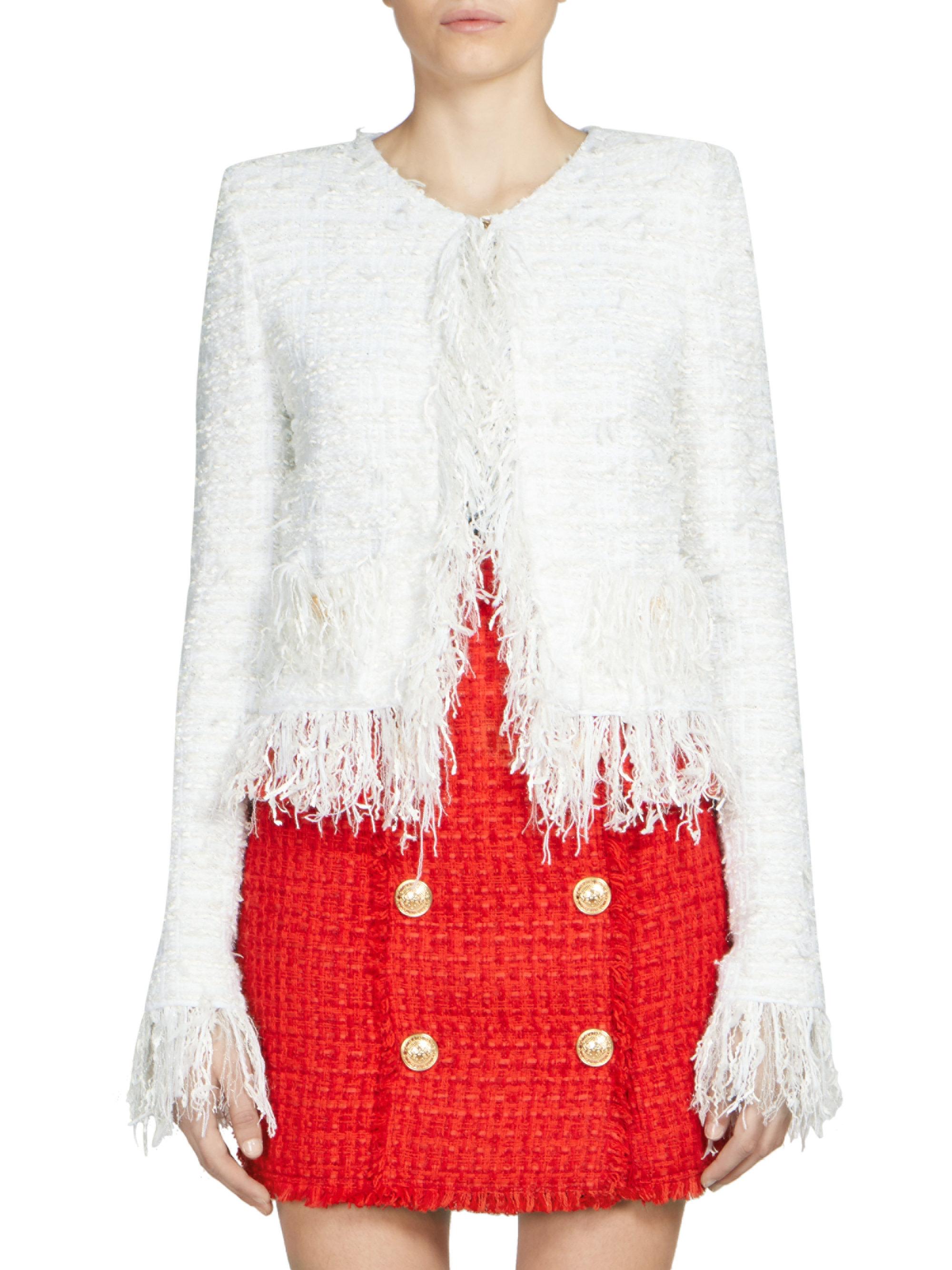 Balmain Fringe Tweed Jacket in White | Lyst