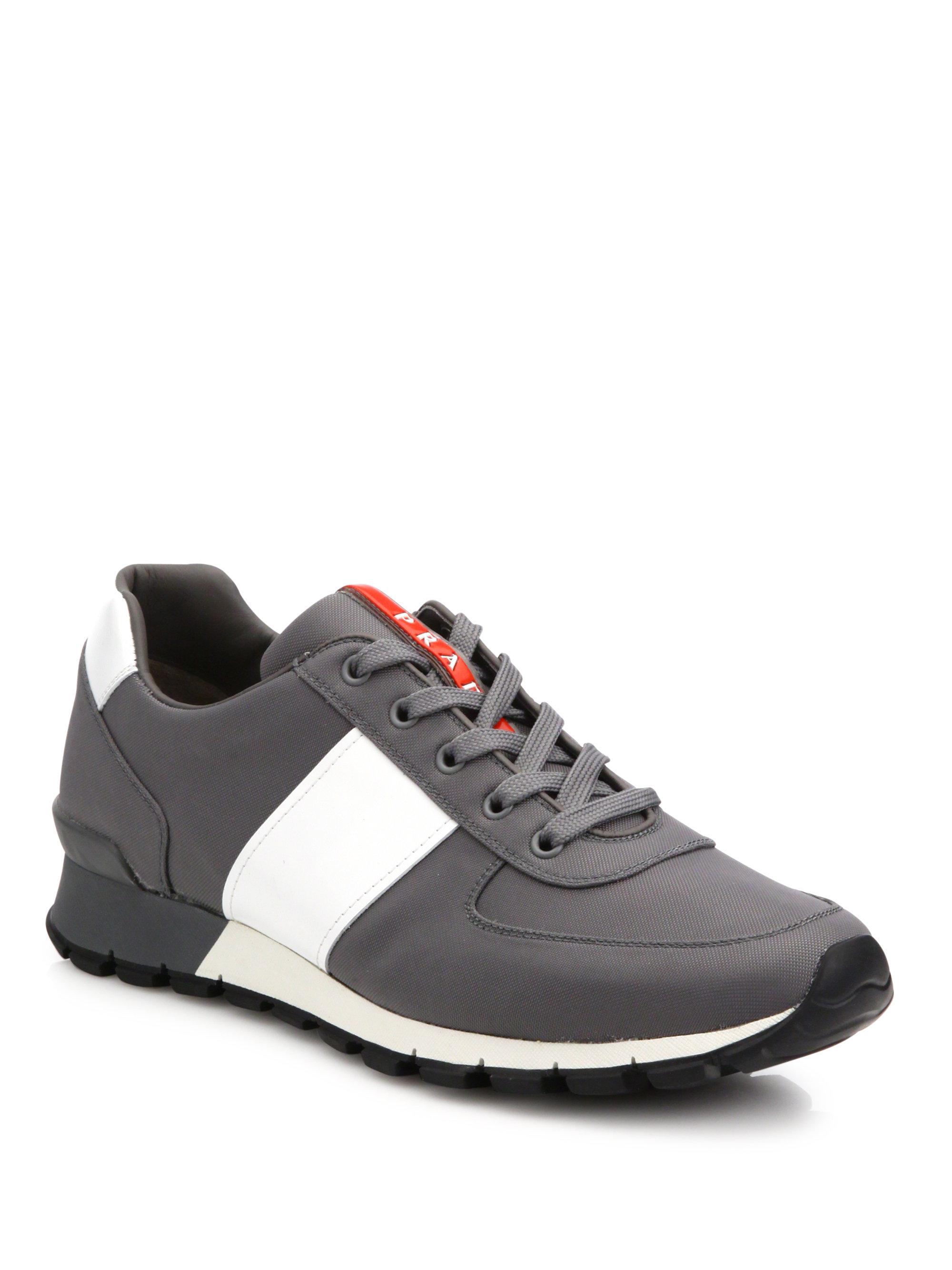 Prada Leather Spazzolato Trainer Sneakers in Grey (Gray) for Men - Lyst
