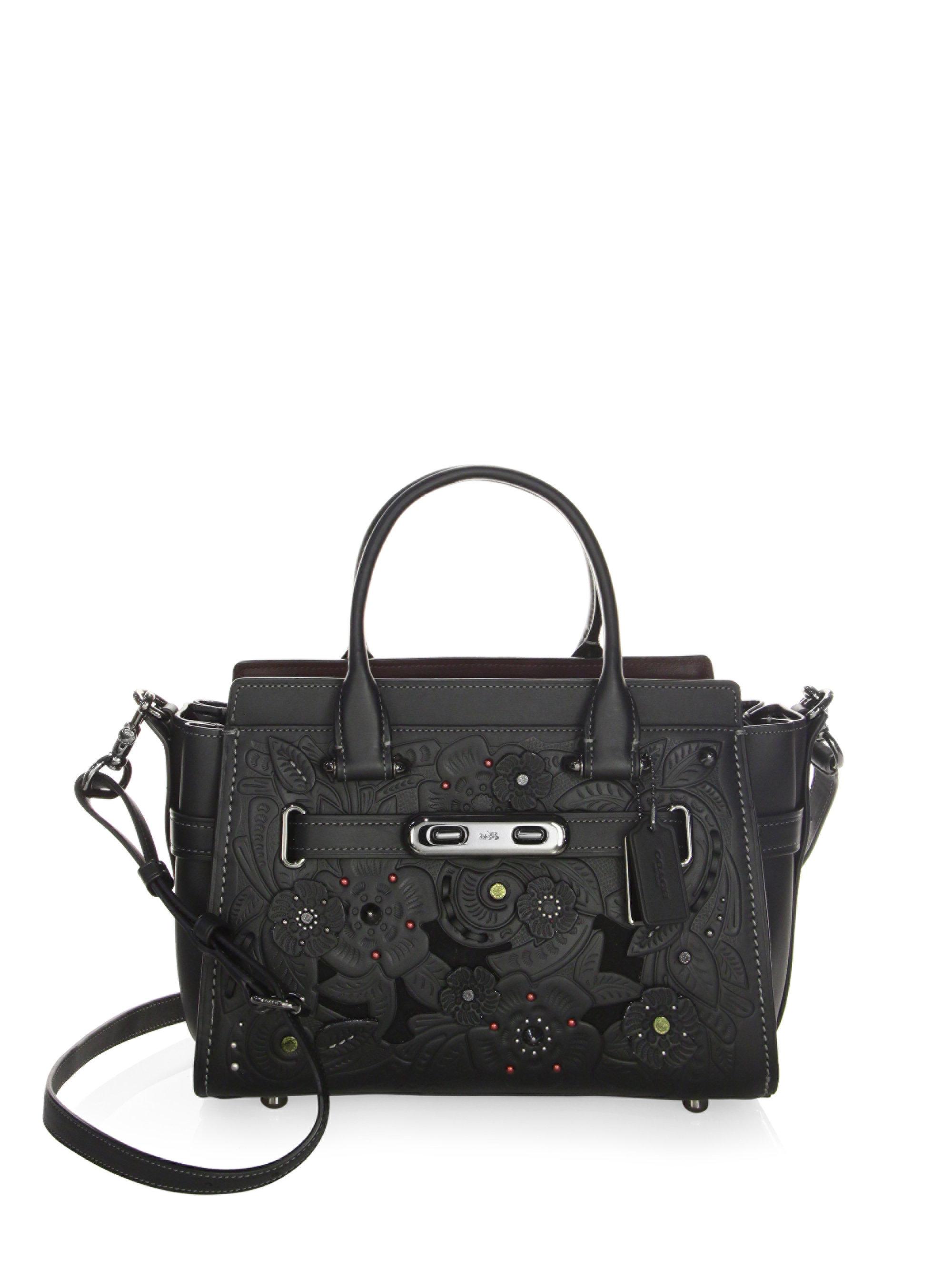 lyst coach flower leather satchel in black lyst coach flower leather satchel in black