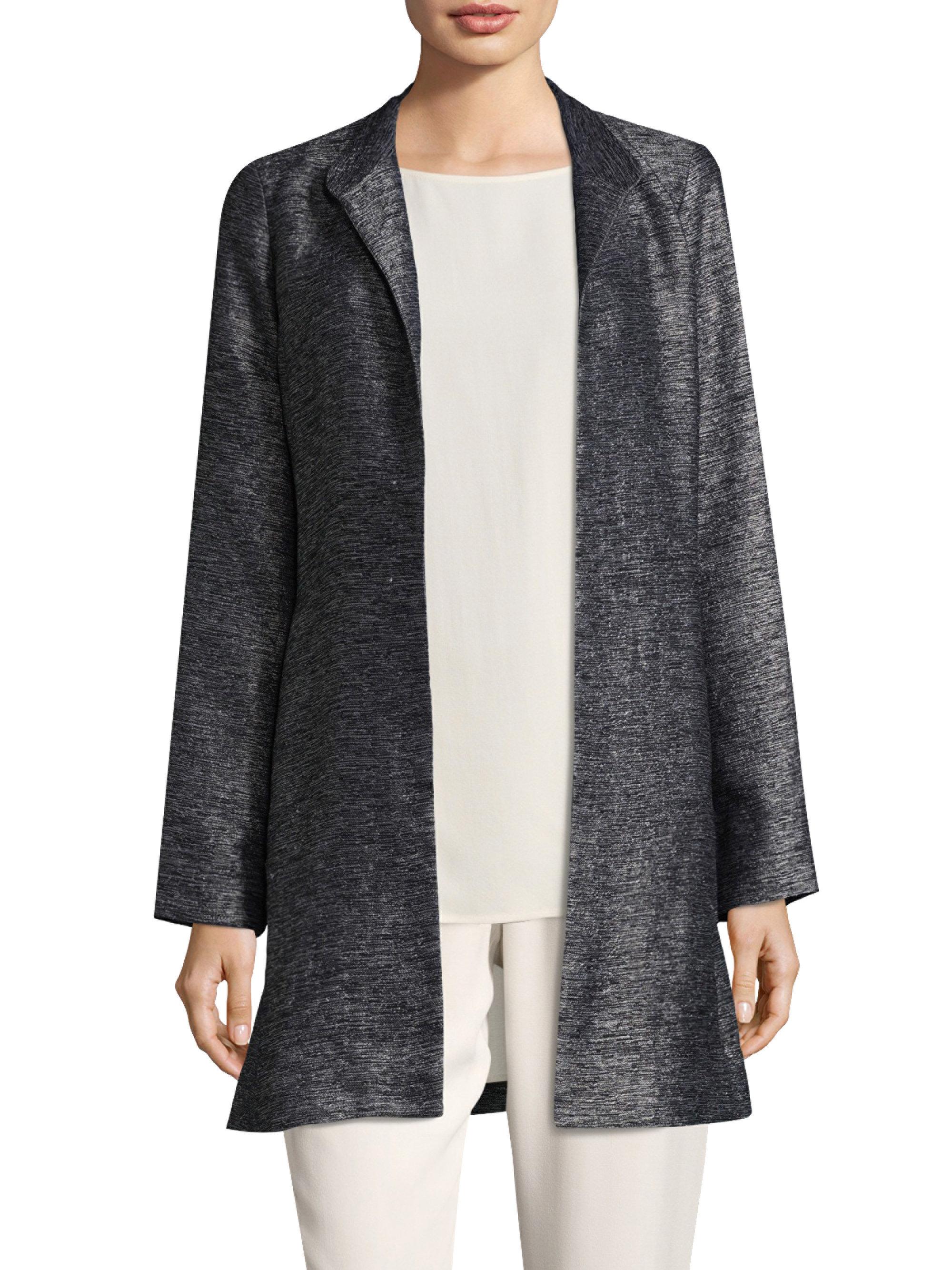 Eileen Fisher Silk Long Open-front Jacket in Charcoal (Gray) - Lyst