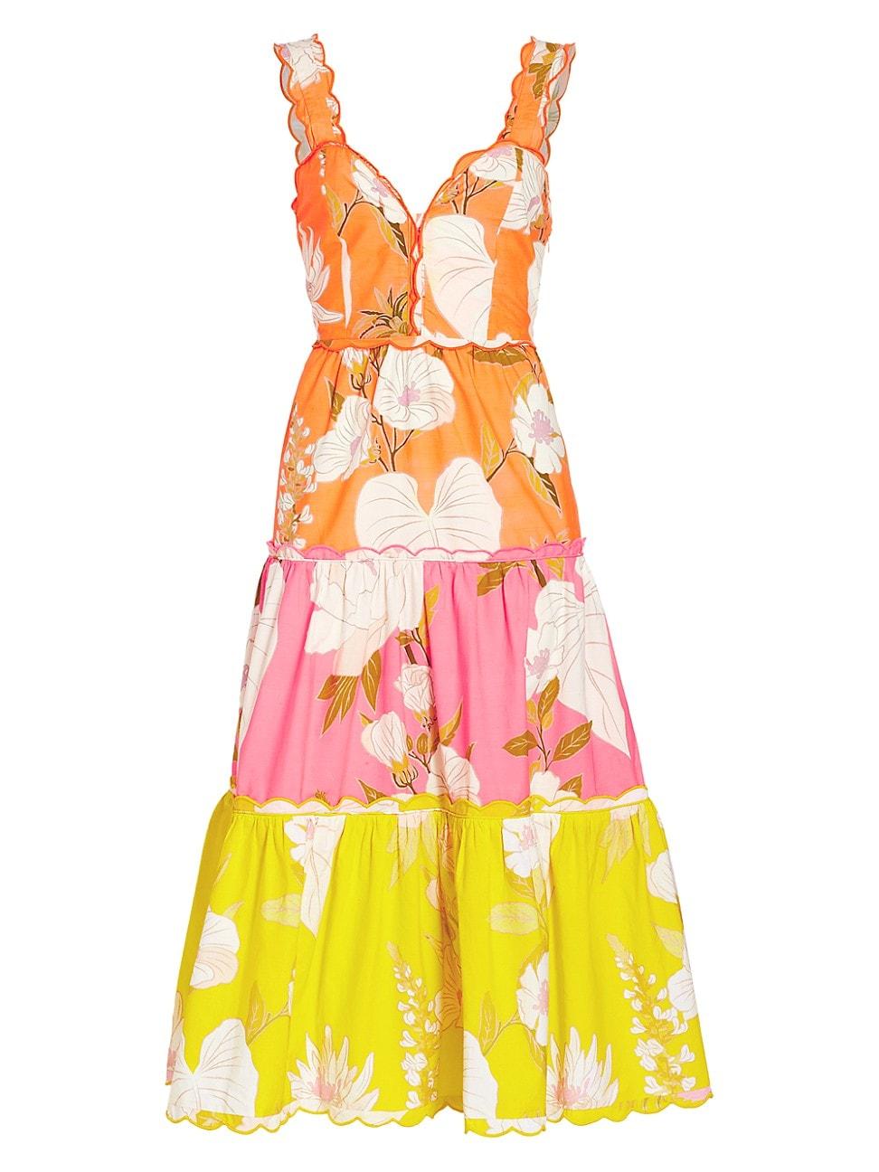FARM Rio Tiered Colorblocked Floral Midi-dress in Yellow | Lyst