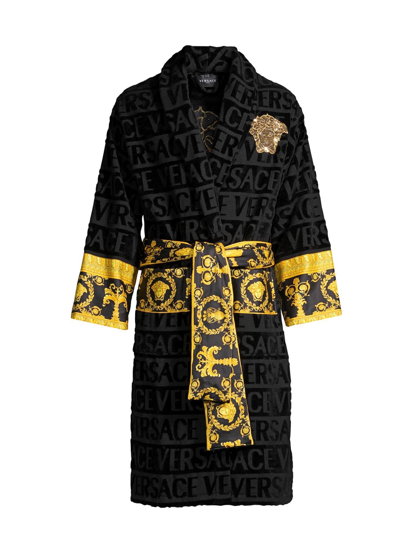 Versace Cotton Logo Toweling Baroque Bathrobe in Black Gold (Black) for ...