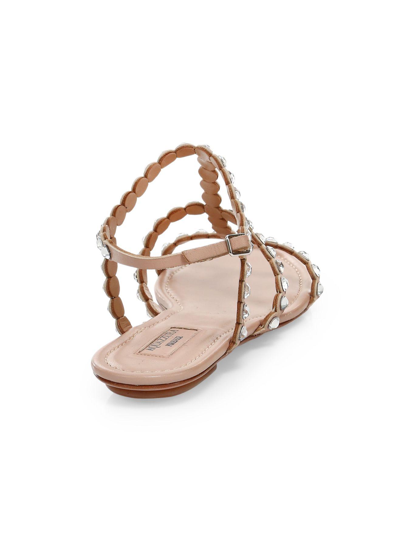 Aquazzura Tequila Crystal-embellished Leather Flat Sandals in Powder Pink (Pink) - Lyst