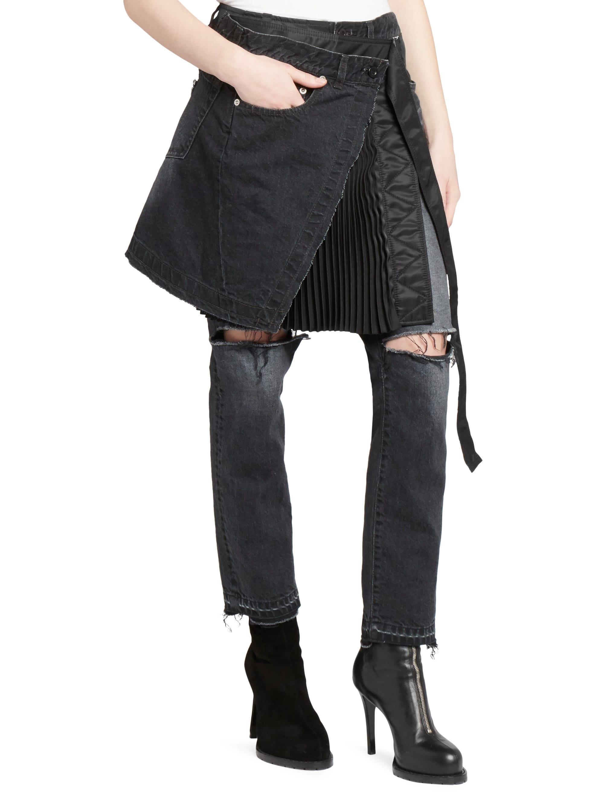 Sacai Wrap Skirt & Denim Pants Combo in Black - Lyst