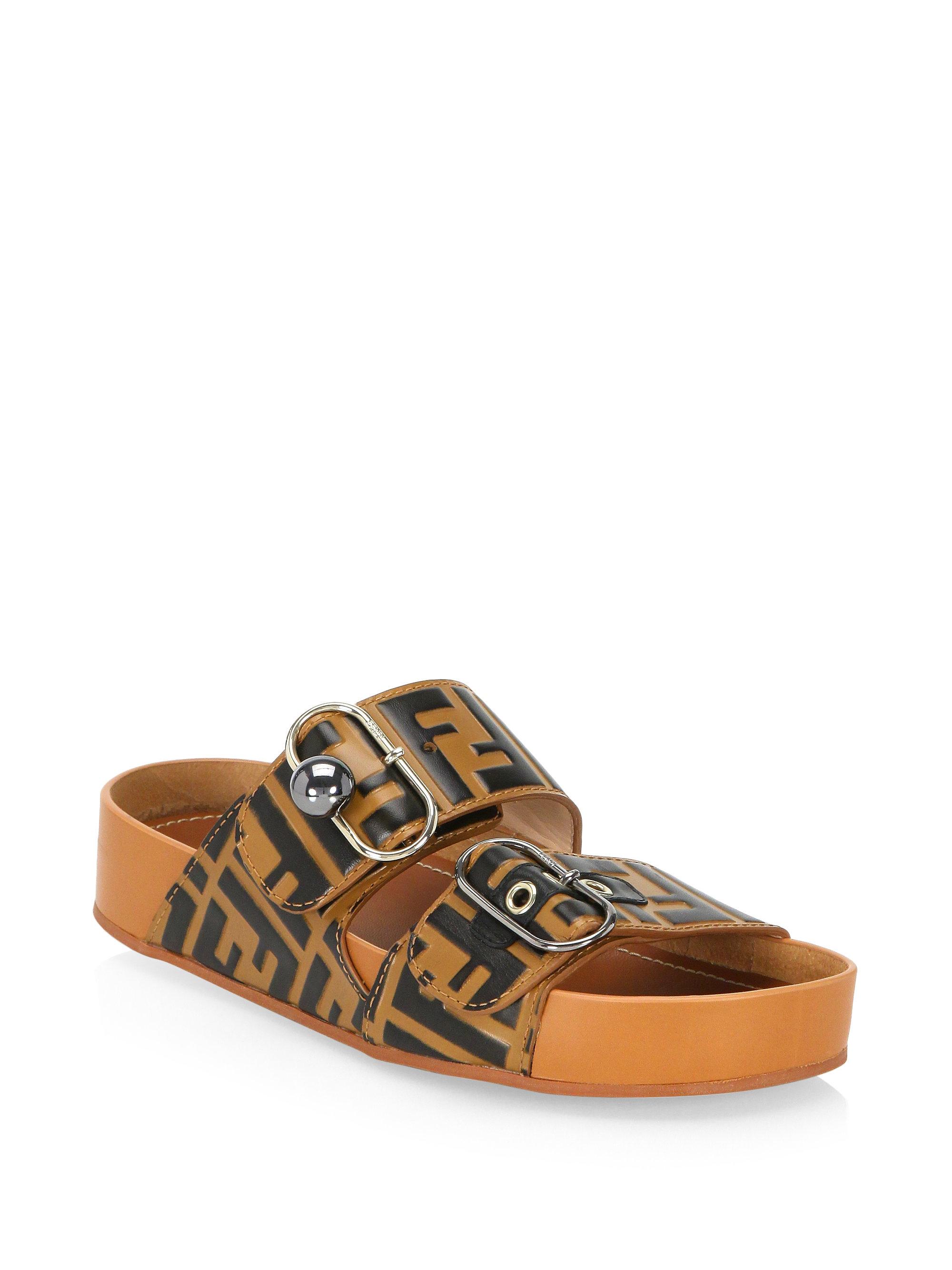 Fendi Leather Logo Slip-on Sandals in Brown - Lyst