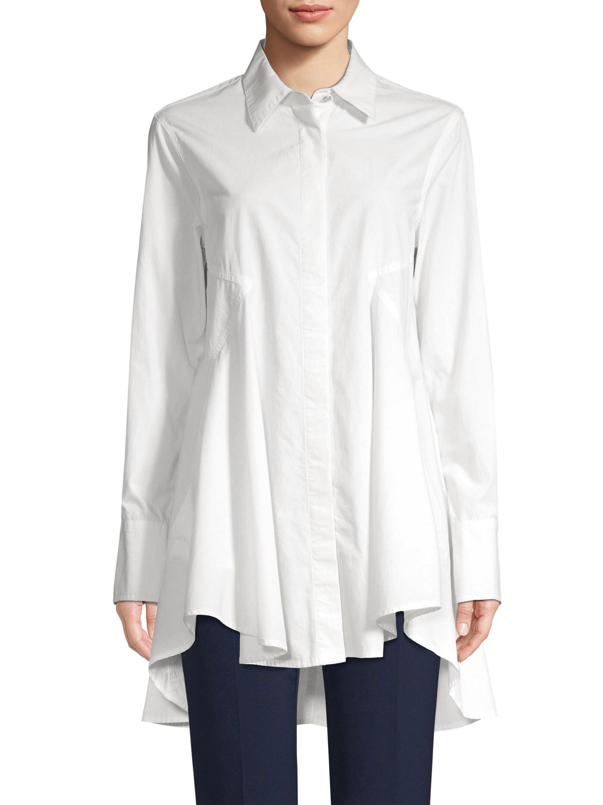 Donna Karan Cotton Flared High-low Button-down Shirt in White - Lyst