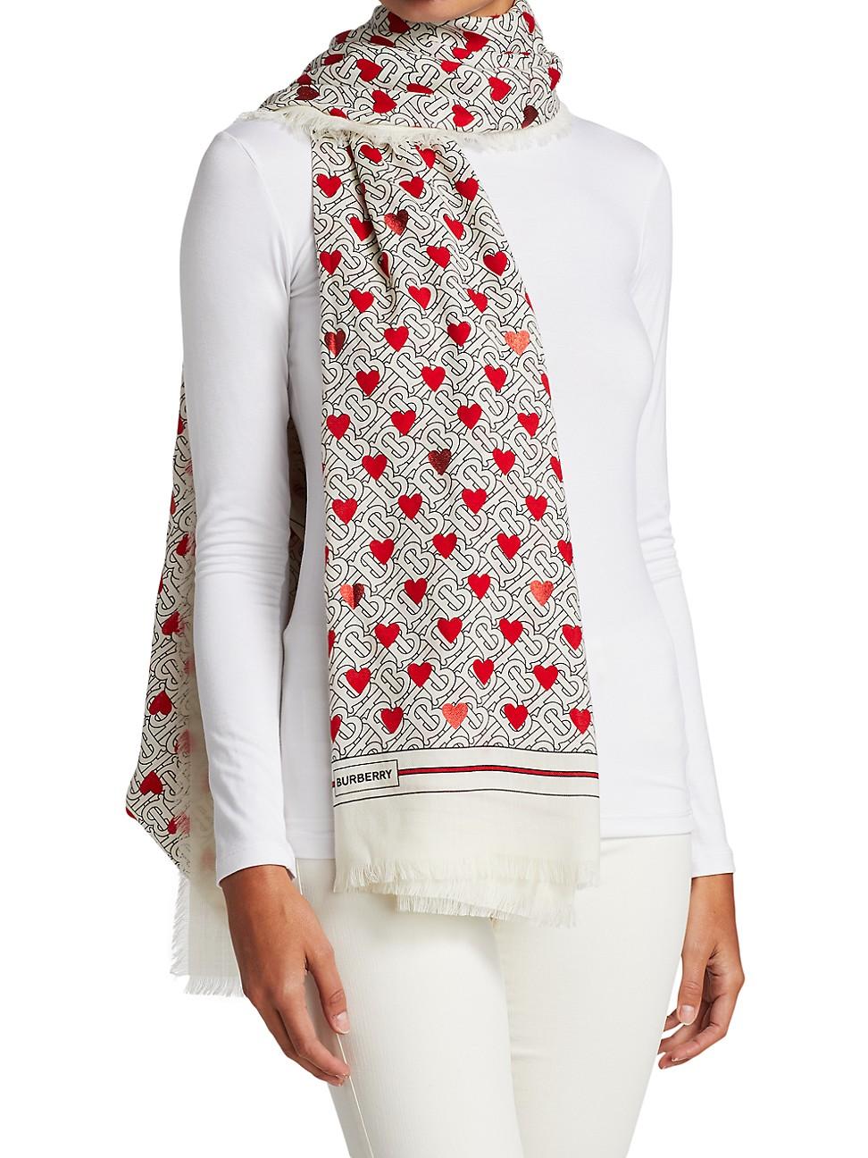 Burberry Tb Monogram & Heart Cashmere Scarf in White | Lyst