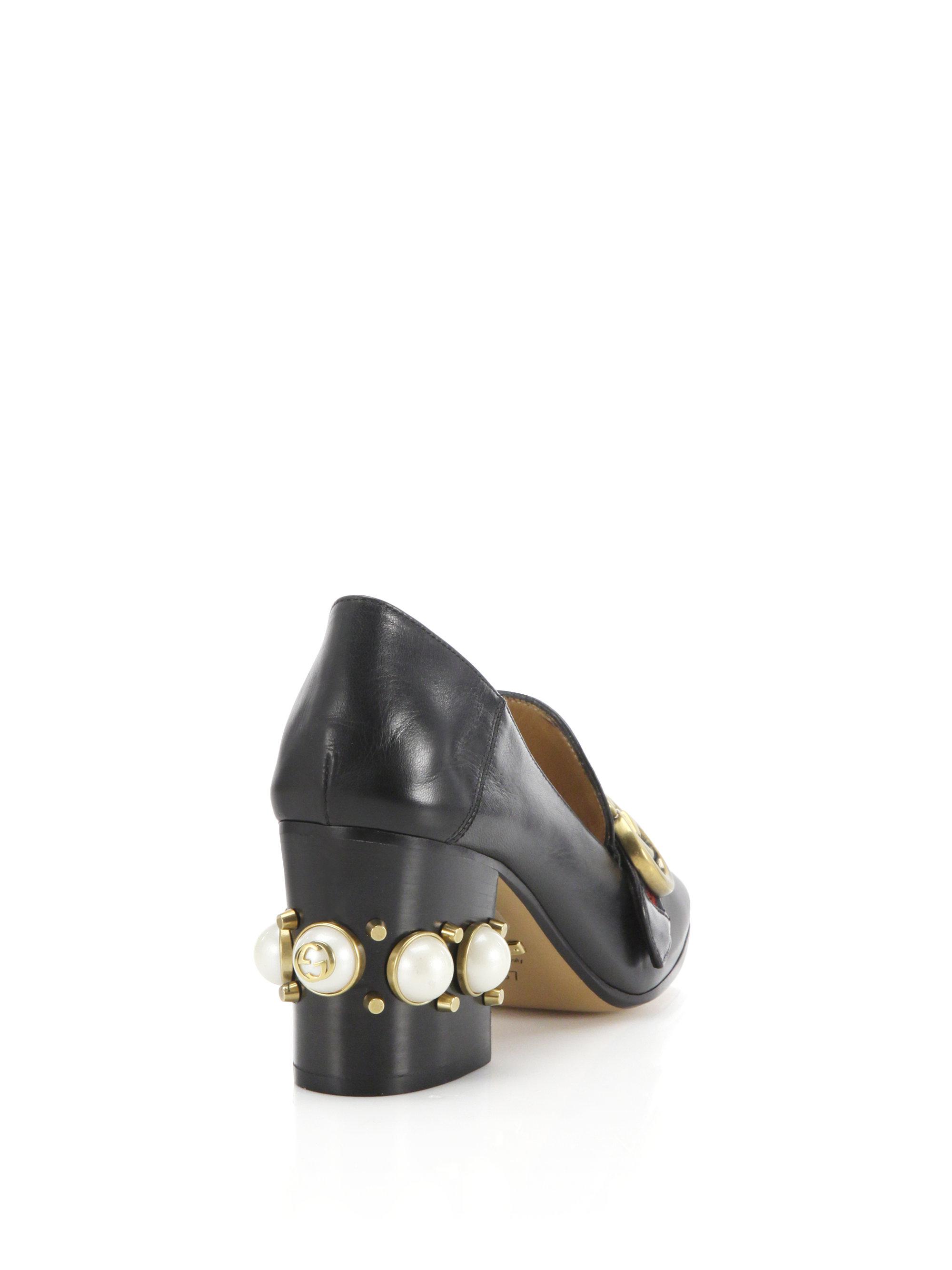 Gucci Black Pearl Heel 80 Leather Pumps | Lyst