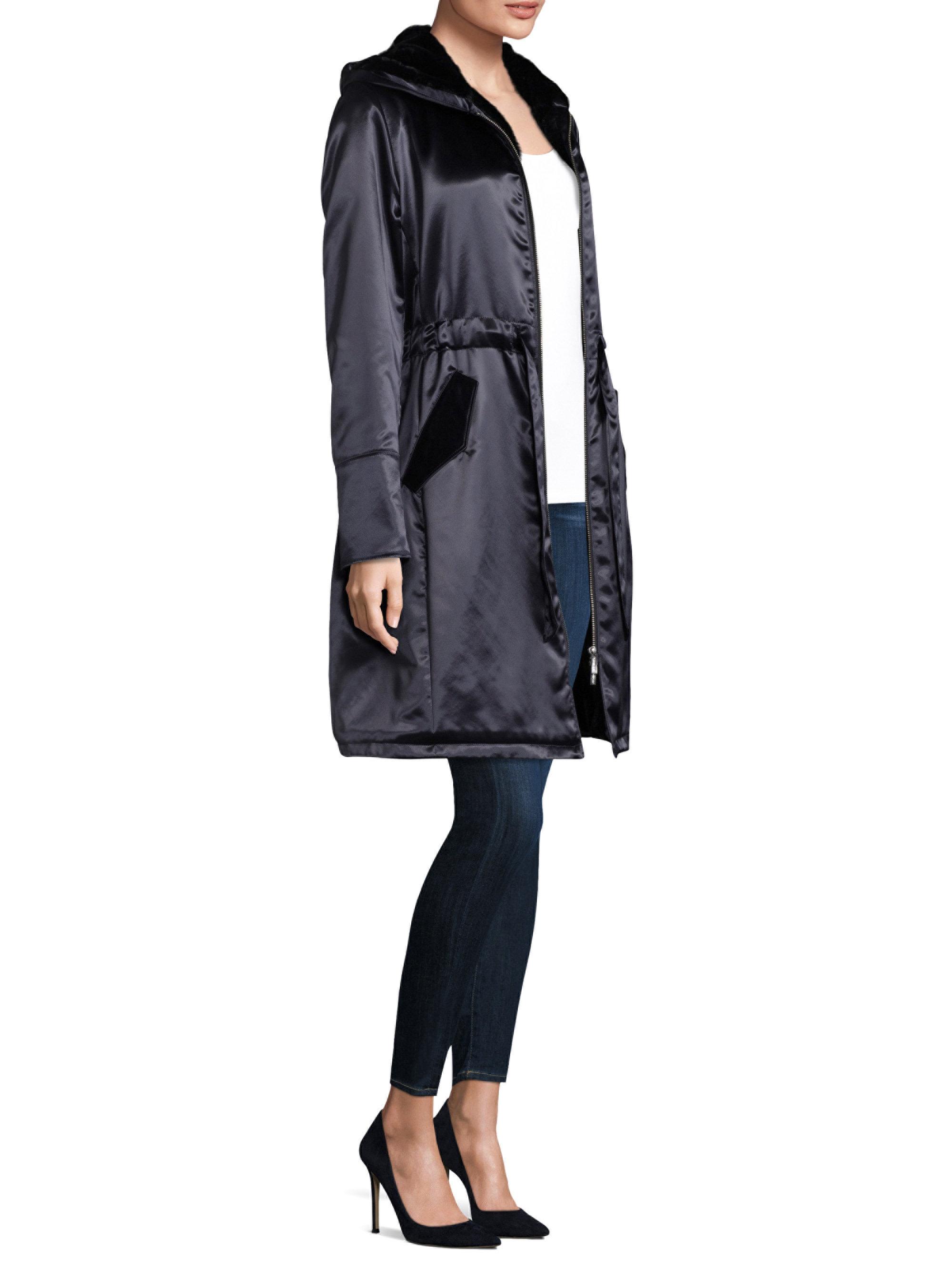 Download Jane Post Shiny Satin Hooded Coat With Faux Fur in Navy ...
