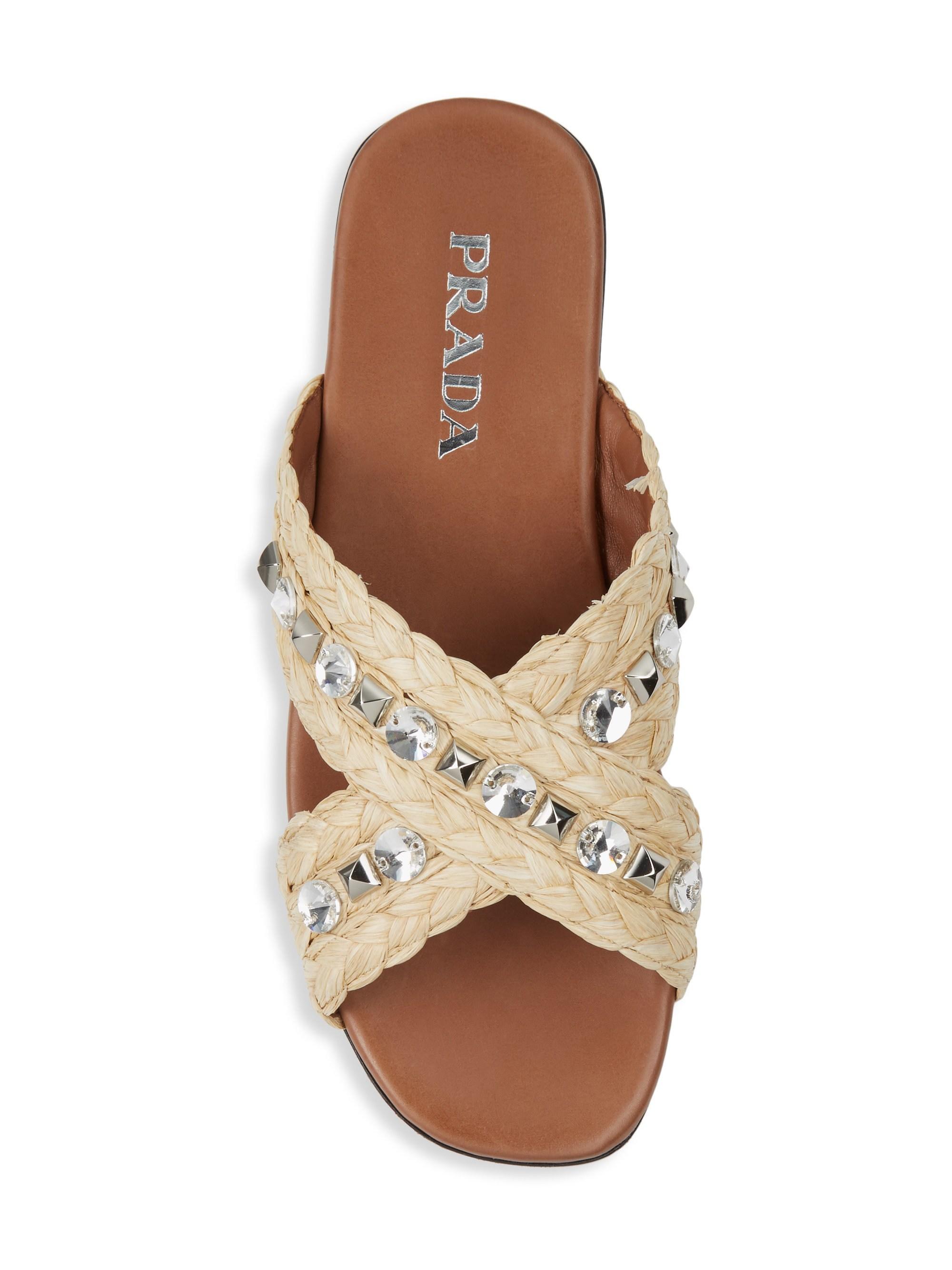 Prada Synthetic Embellished Raffia Slides in Tan (Brown) | Lyst