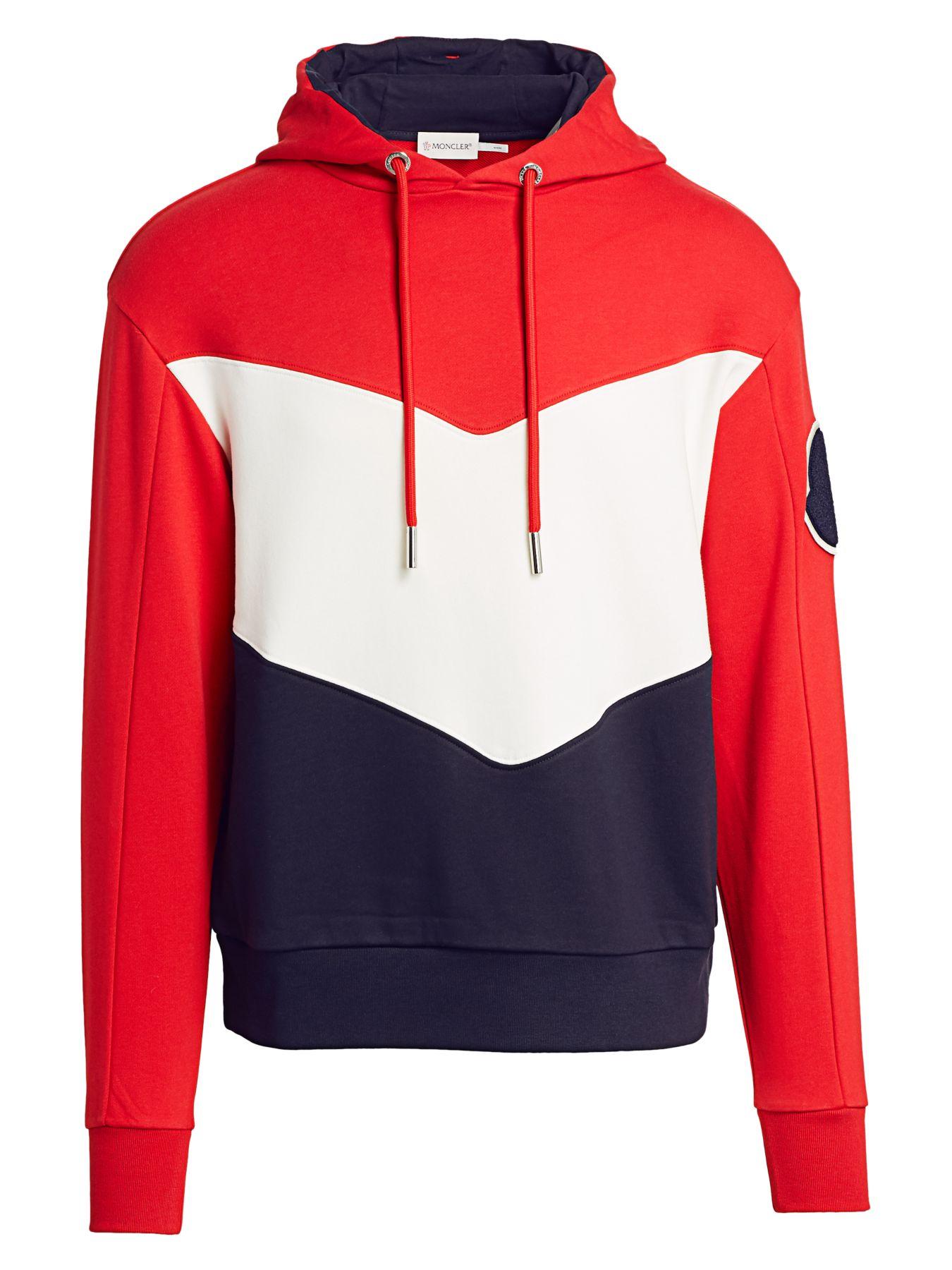 Moncler Men's Tricolor Jersey Hoodie Sweatshirt in Navy/White/Red 