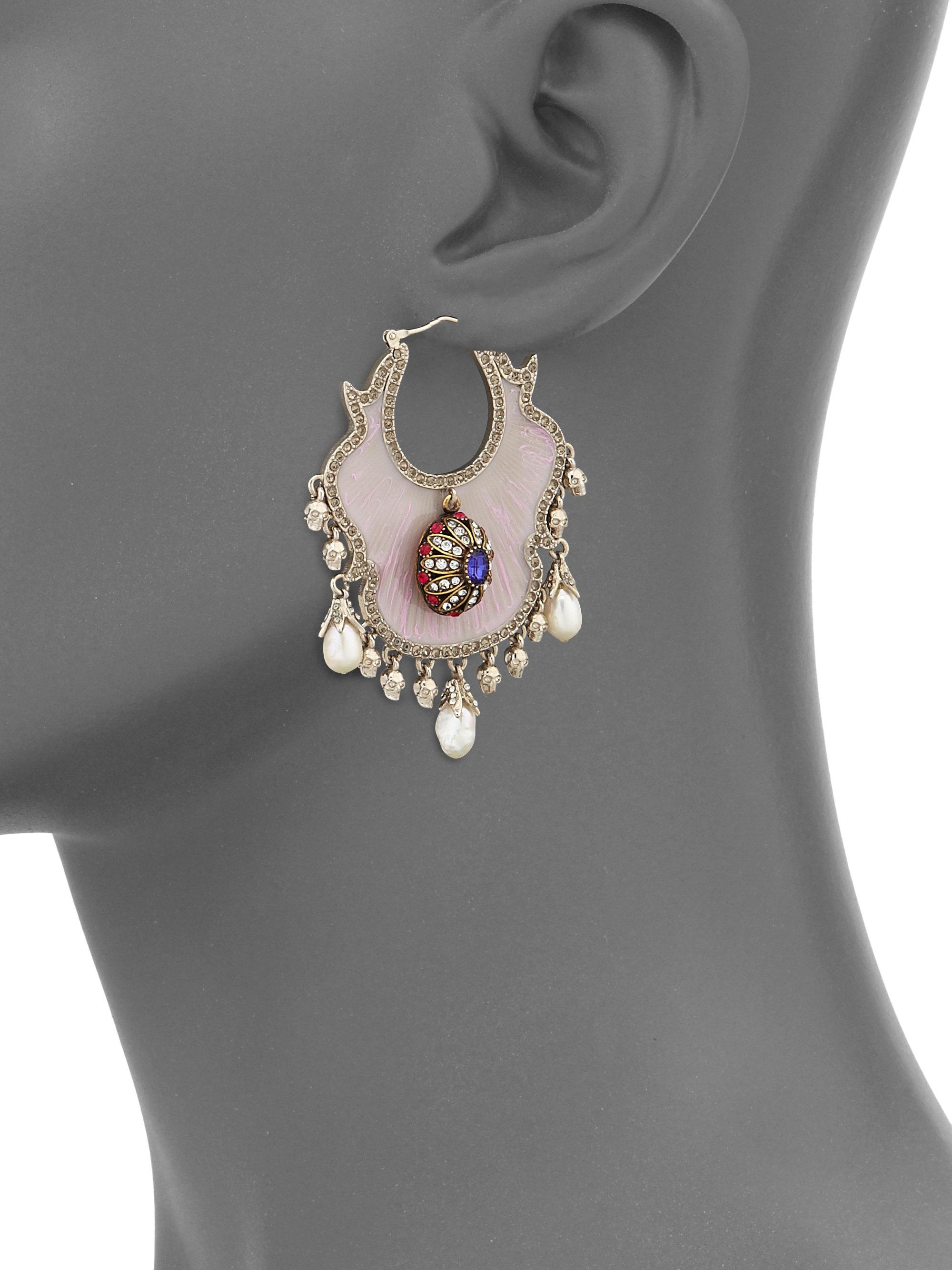 Alexander McQueen Crystal & Fauxpearl Evening Earrings in Rose Silver