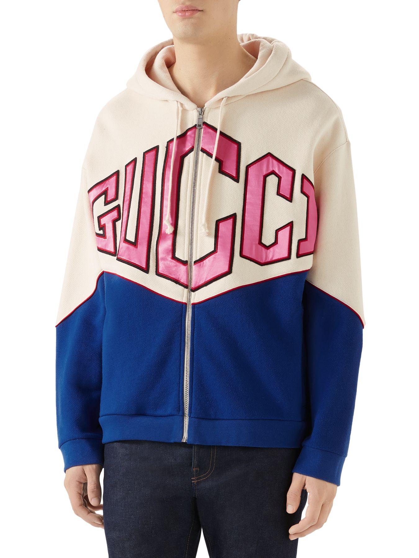 Gucci Logo Zip-up Cotton Sweatshirt Hoodie in Blue for Men | Lyst