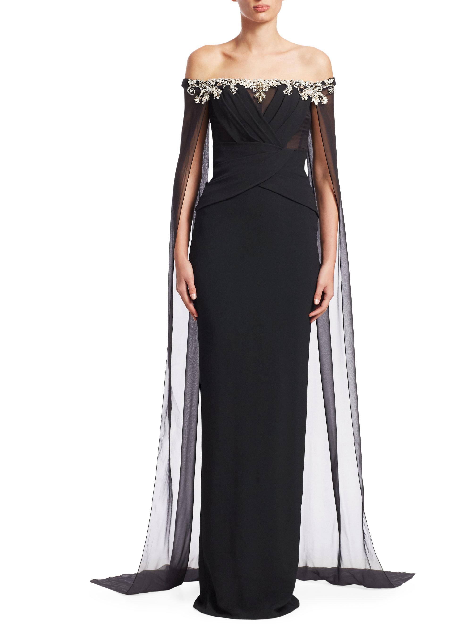 off shoulder cape gown