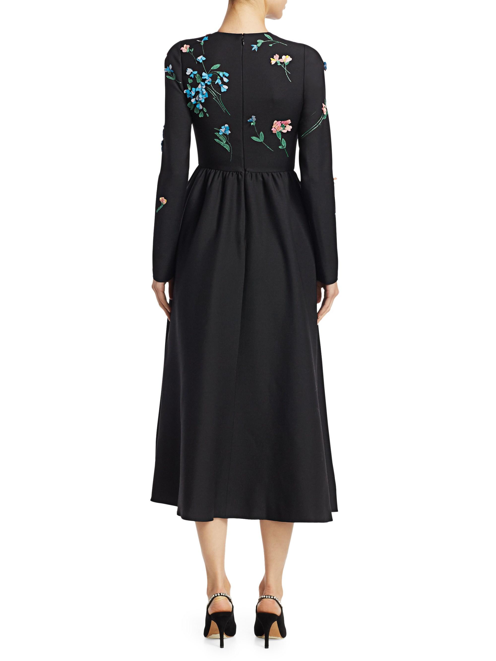 Valentino Embroidered Floral Wool Midi Dress in Black | Lyst