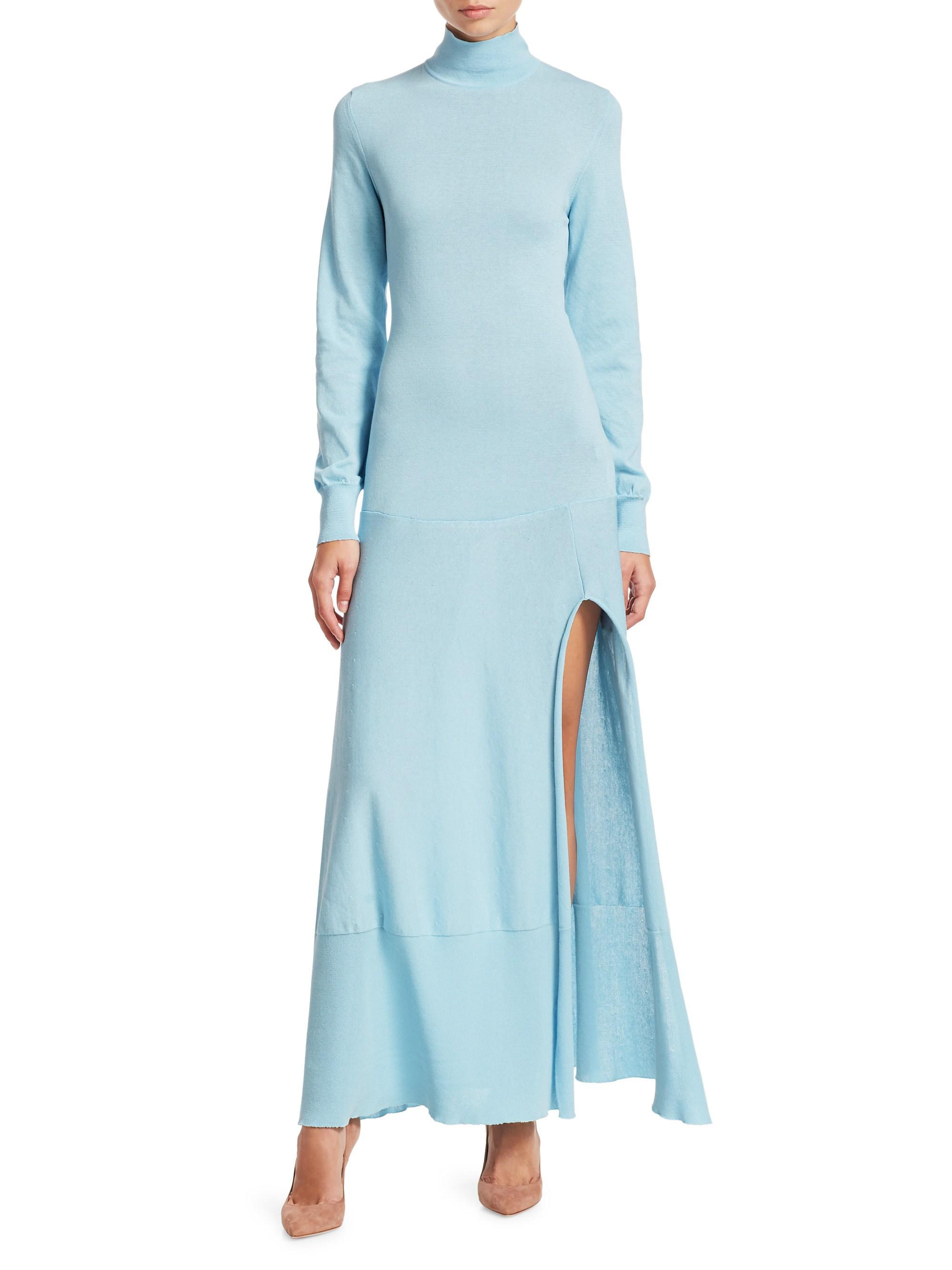 light blue turtleneck dress