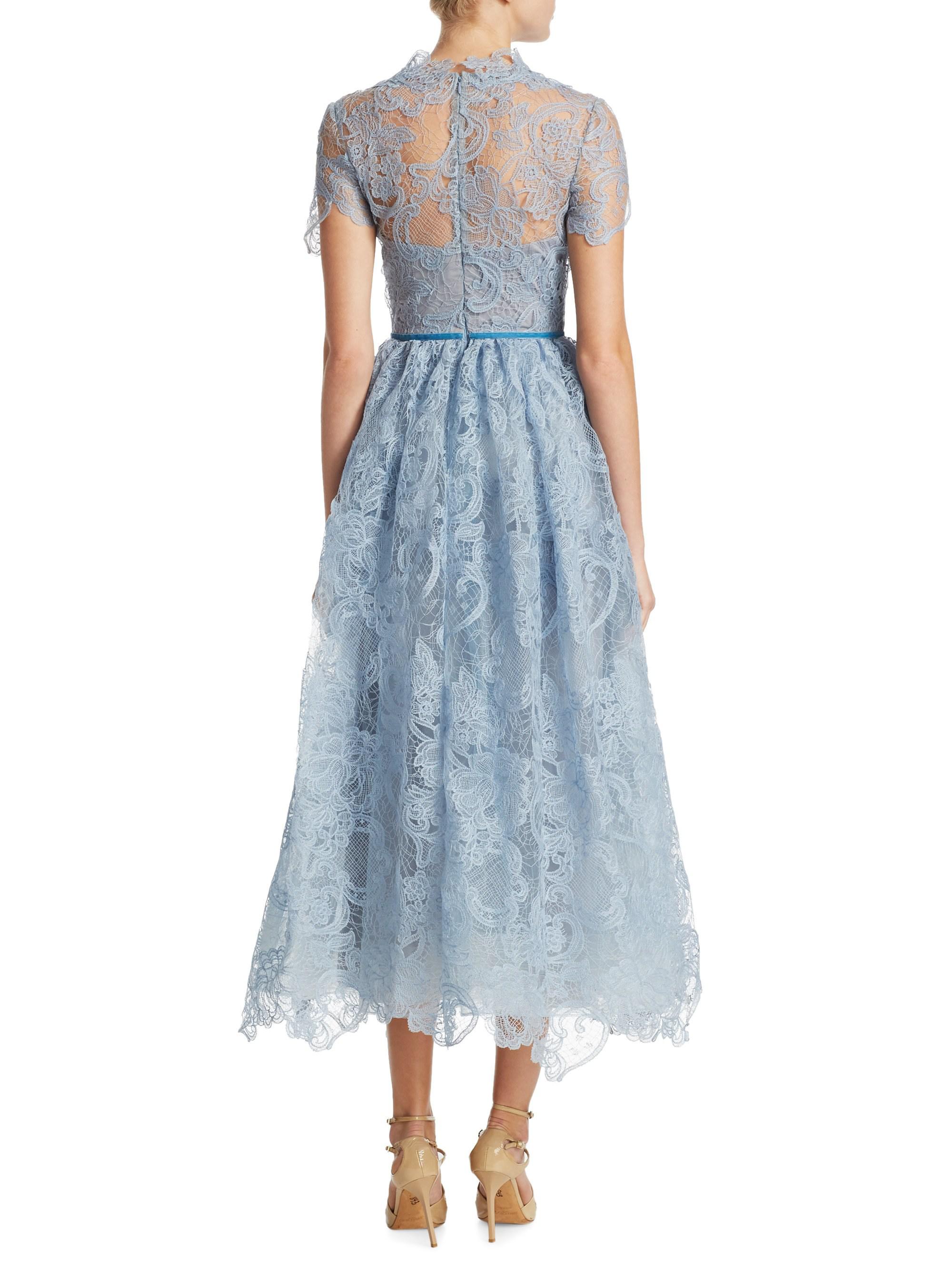 Marchesa Notte Scalloped Lace Gown In Powder Blue Blue Lyst