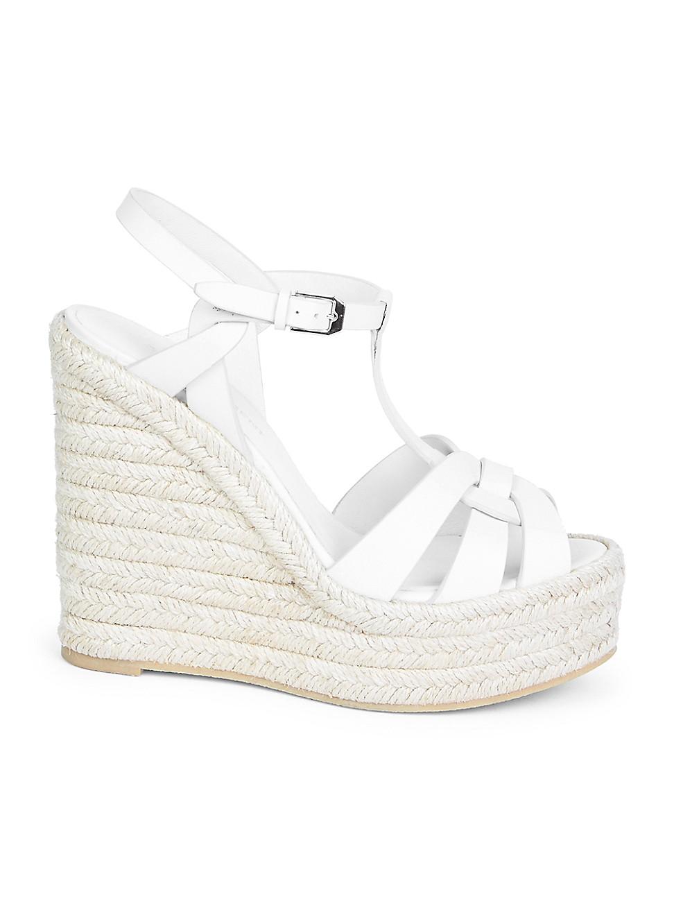 Saint Laurent Tribute Leather Espadrille Wedge Sandals in White - Save ...