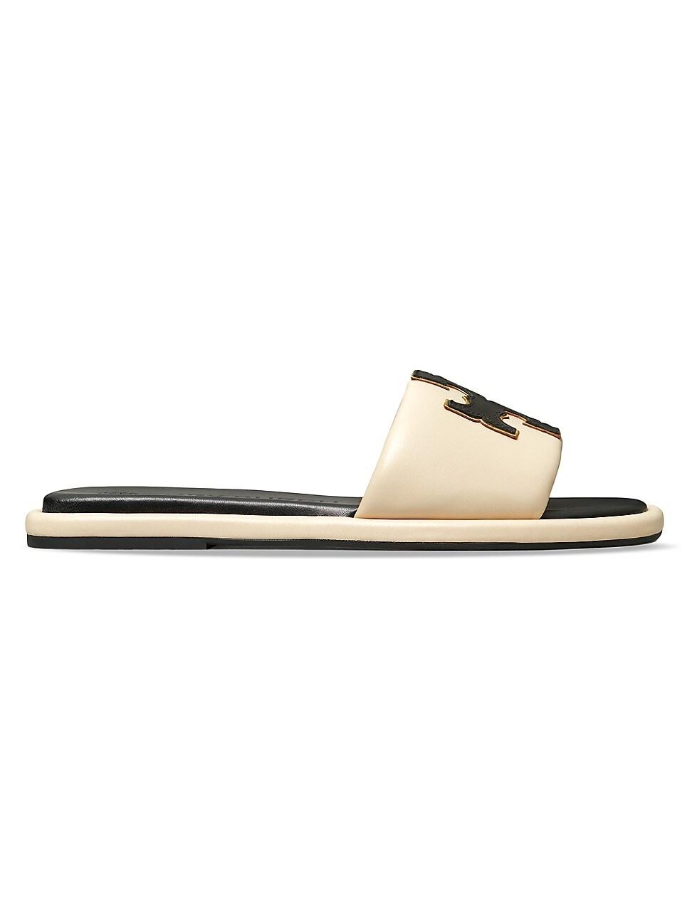 Tory Burch Double-t Monogram Padded Leather Slide Sandals in White | Lyst