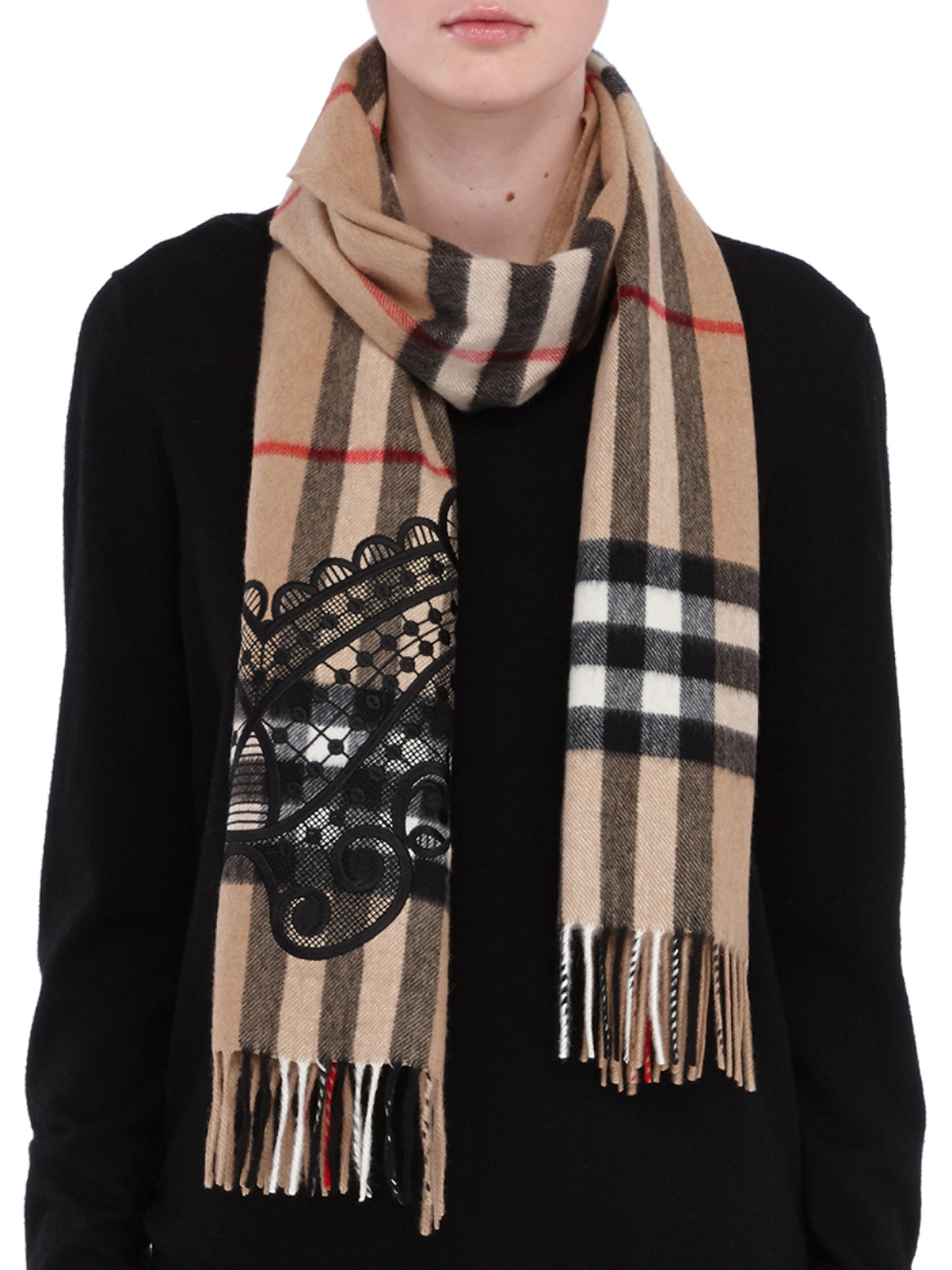 Burberry Lace-embroidered Giant Check Cashmere Scarf in Camel (Natural ...
