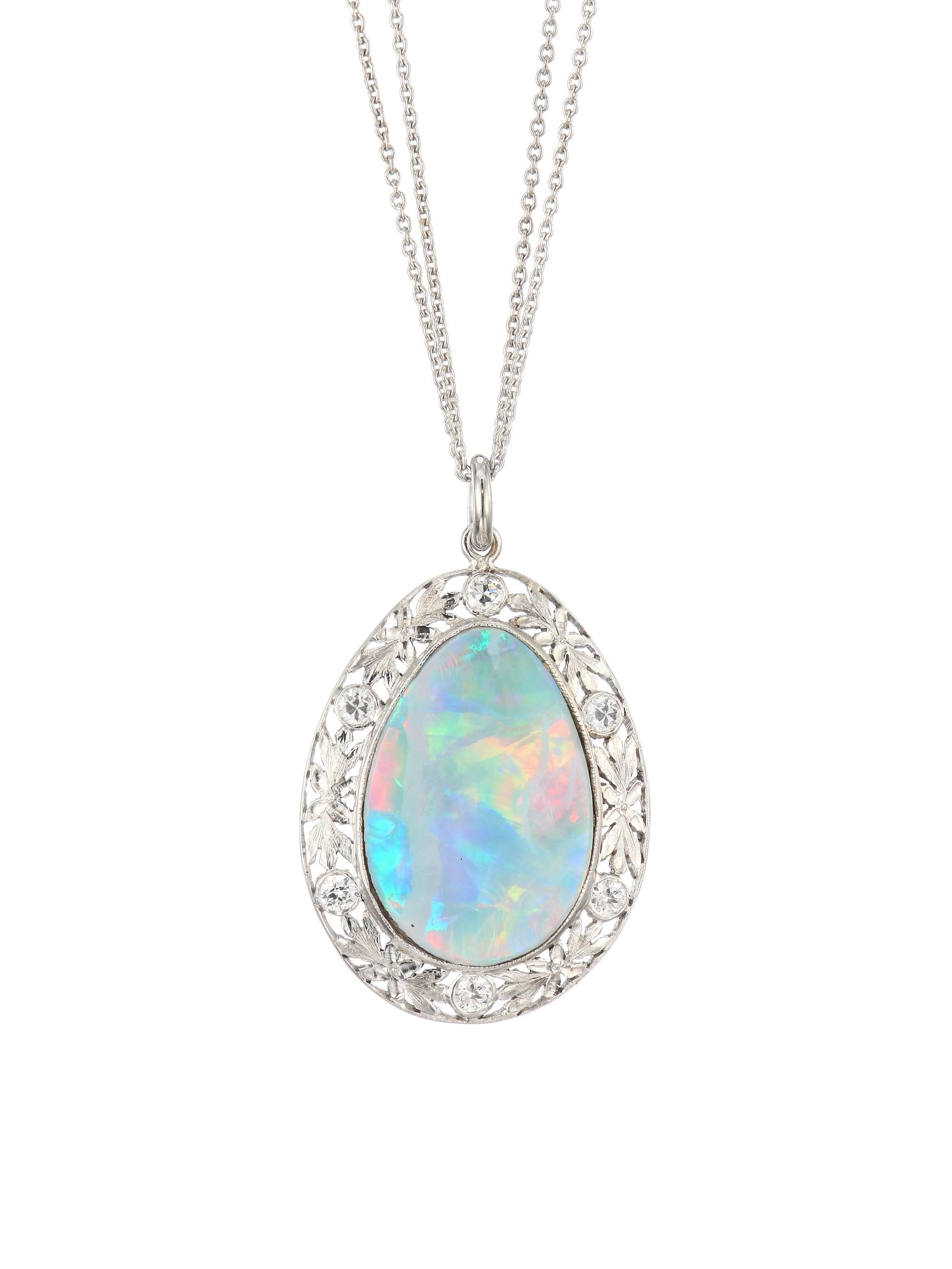 Renee Lewis 18k White Gold, Opal & Diamond Pendant Necklace in Metallic