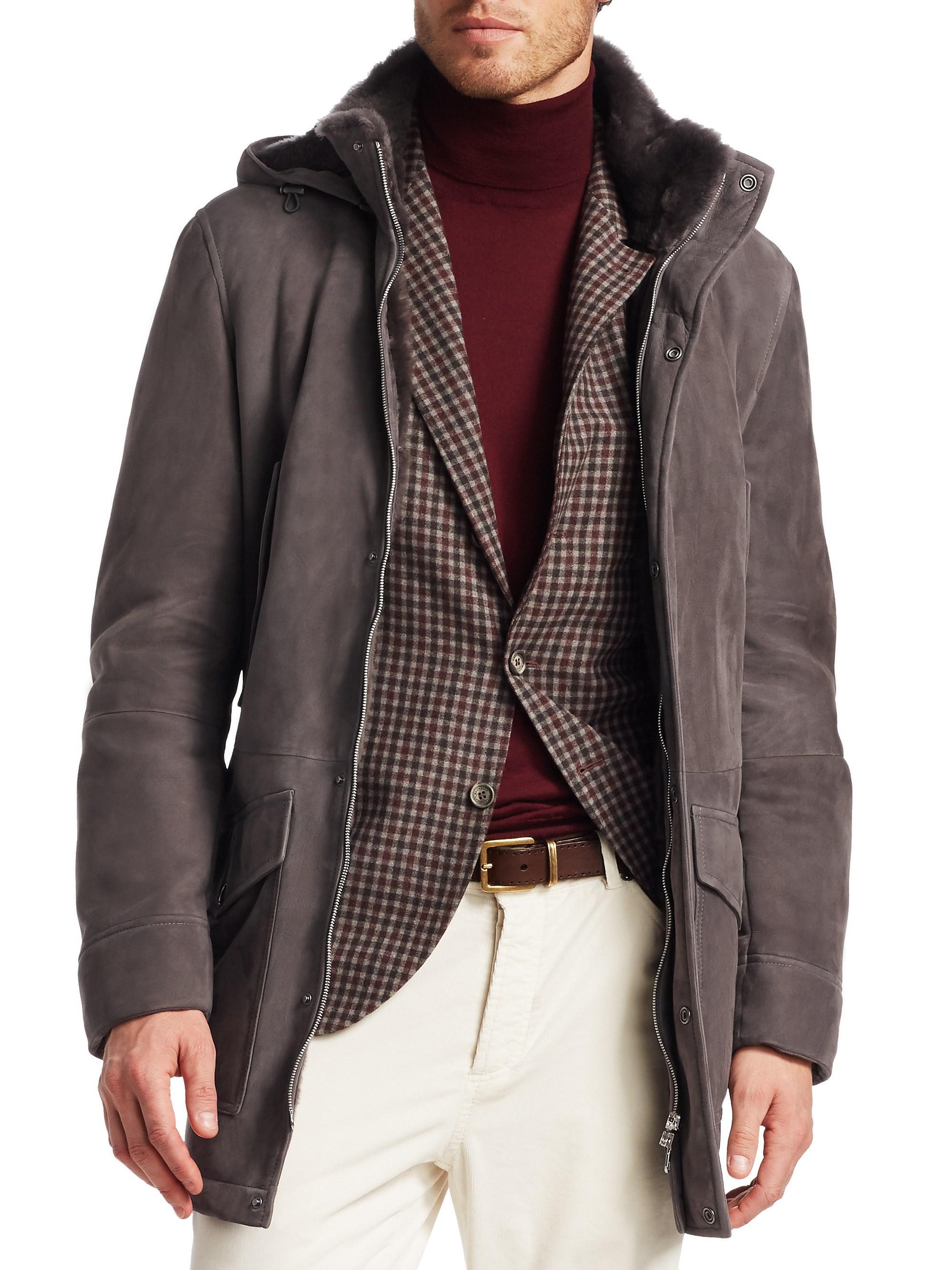 Lyst - Brunello Cucinelli Long Suede Shearling Jacket in Gray for Men